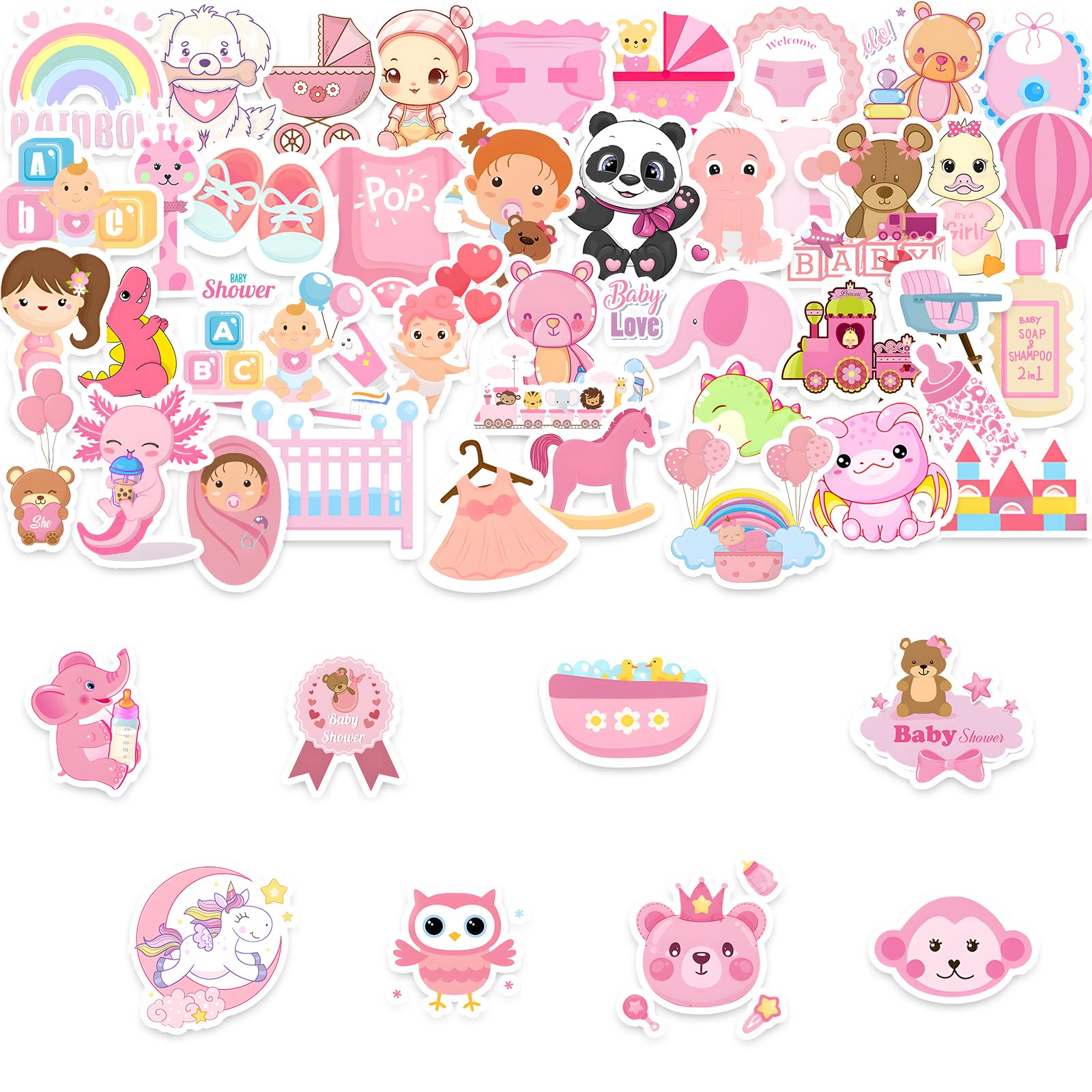 50pcs Pink Baby Girl Stickers, Kawaii Baby Shower Stickers Scrapbooking Supplies, Cute Waterproof Vinyl Sticker for Waterbottles Laptop Scrapbooks