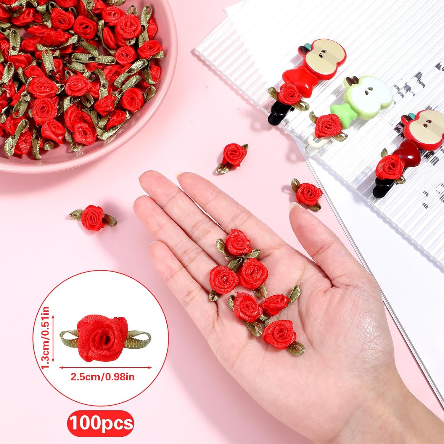 100 Pcs Mini Satin Rose Flowers Appliques, Red Fabric Miniature Flowers Fabric Ribbon Bows Embellishments for DIY Crafting, Sewing, Wedding, Gift Wrapping, Scrapbooking, Holiday Decoration