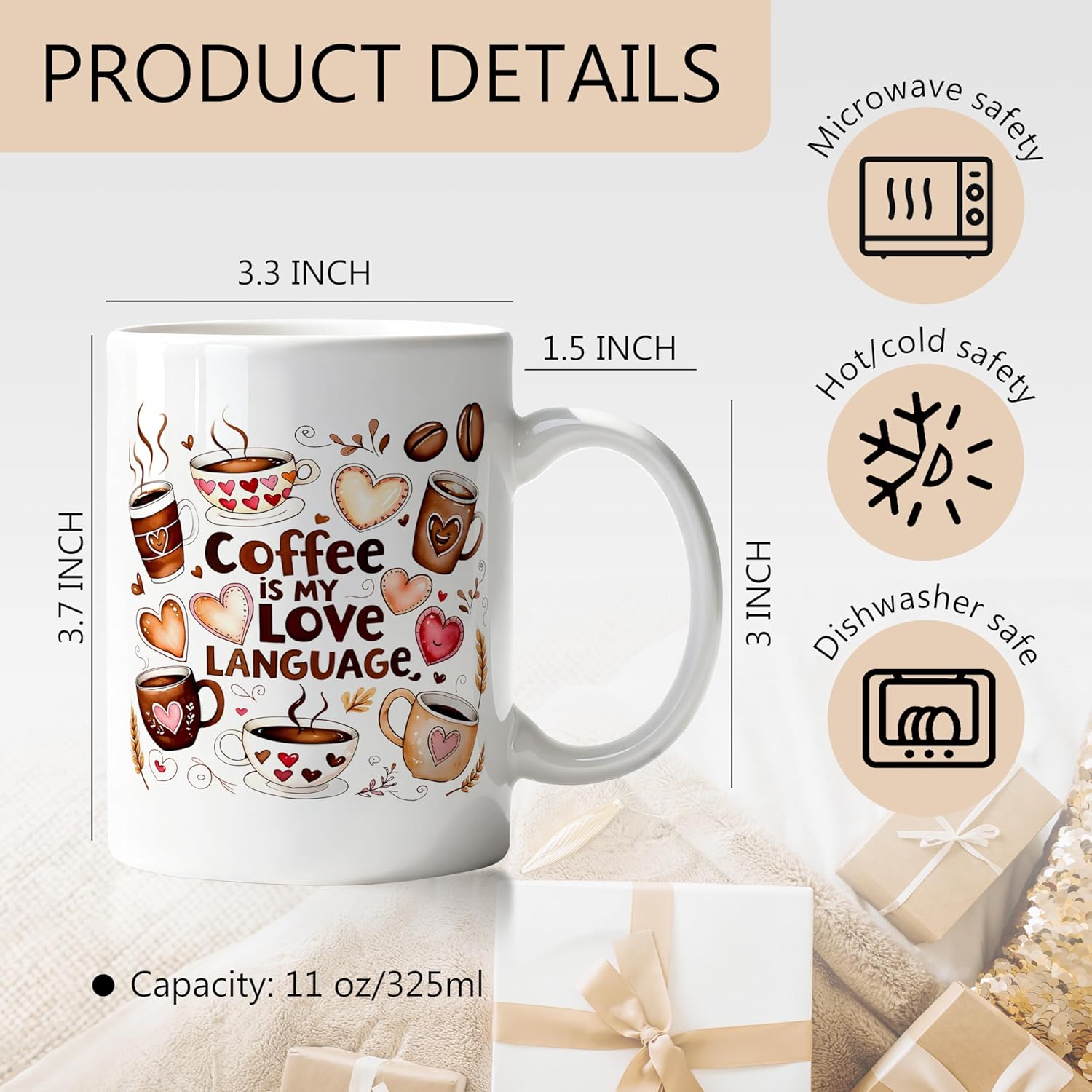 Coffee Lover Drinker Gifts Mug, Gifts for Espresso Lovers Ceramic Coffee Mug, Coffee Is My Love Language Tea Cups 11 oz - Image 6