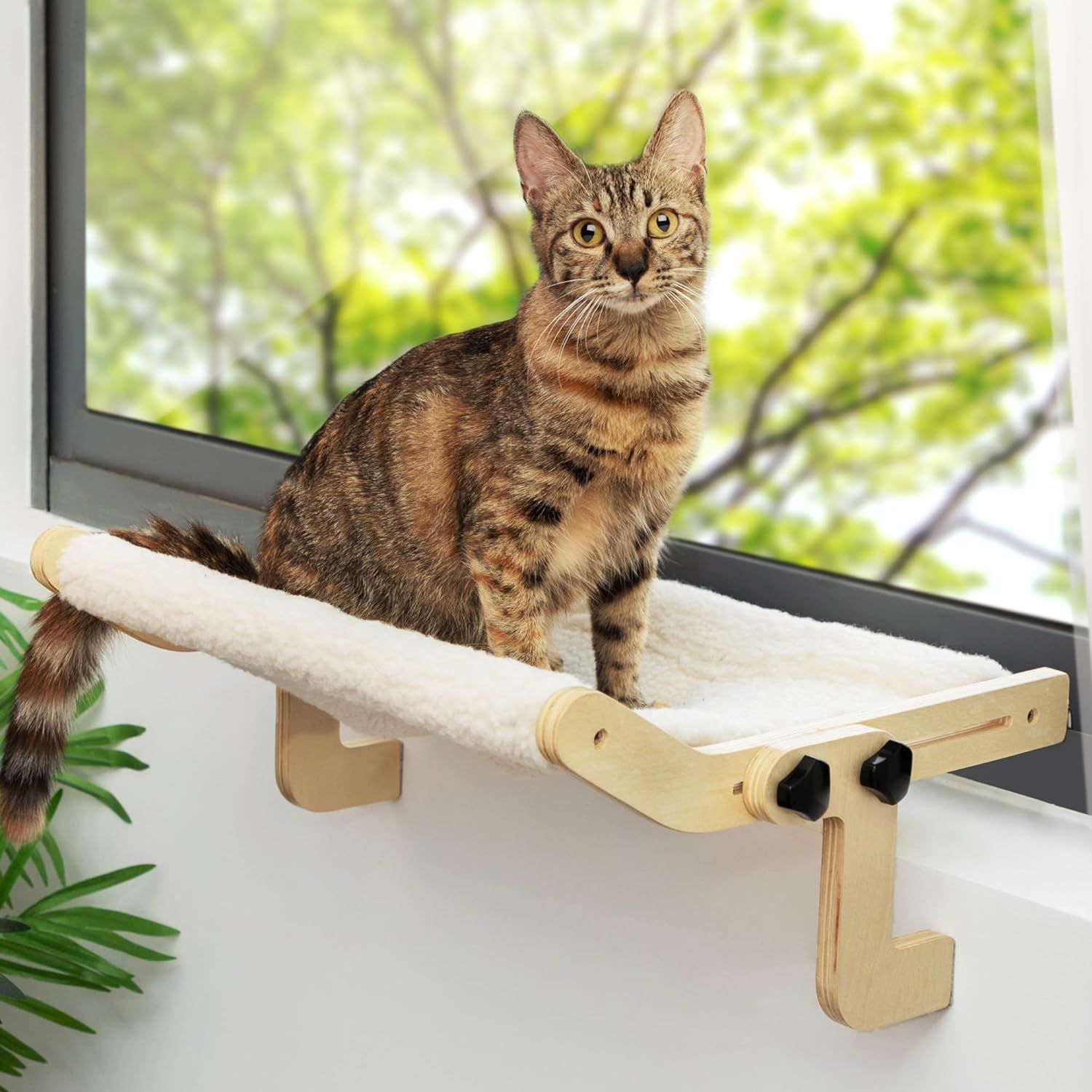 COZIWOW Cat Window Perch, Sturdy Cats Hammock Window Seat Bed with Natural Solid Wood + Soft White Plush Cushion, 2 Mounting Options for Windowsill, Bedside, Drawer, Cabinet