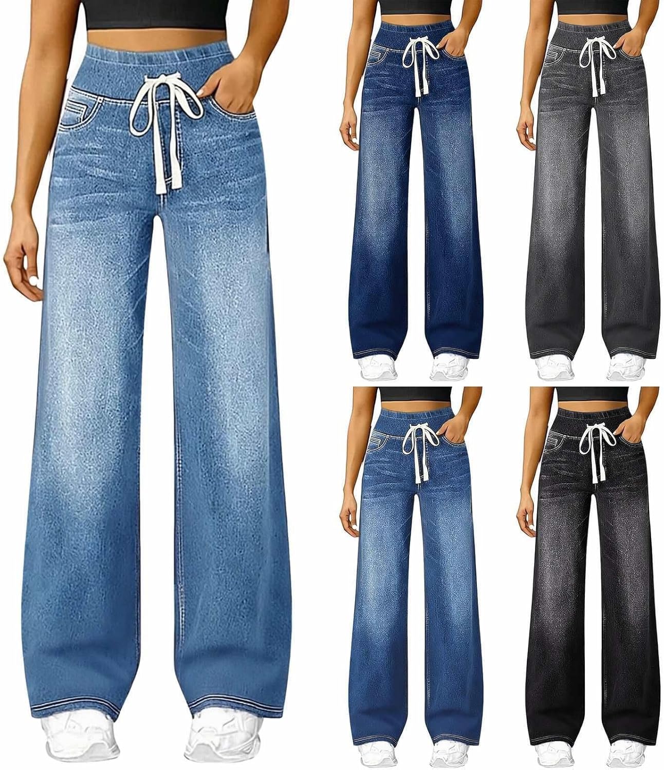 Womens Wide Leg Jeans High Waist Straight Leg Pull On Denim Pants Y2k Summer Casual Baggy Drawstring Palazzo Trouser