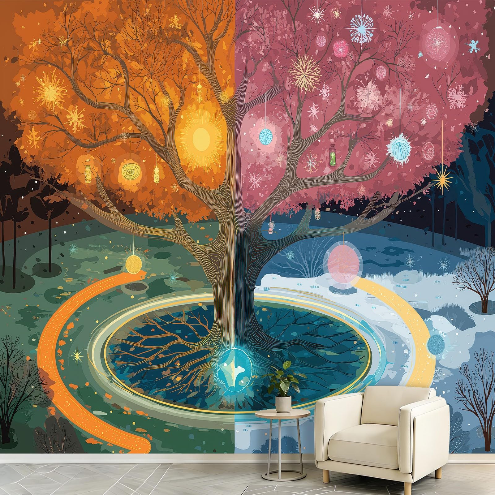 Panoramiczna tapeta 350 x 256 cm fantazyjne drzewo życie tapeta z włókniny gobelin plakat dekoracja ścienna do pokoju dziecięcego, salonu sypialni - pierścionek płatek śniegu światło gwiazdy wisiorek