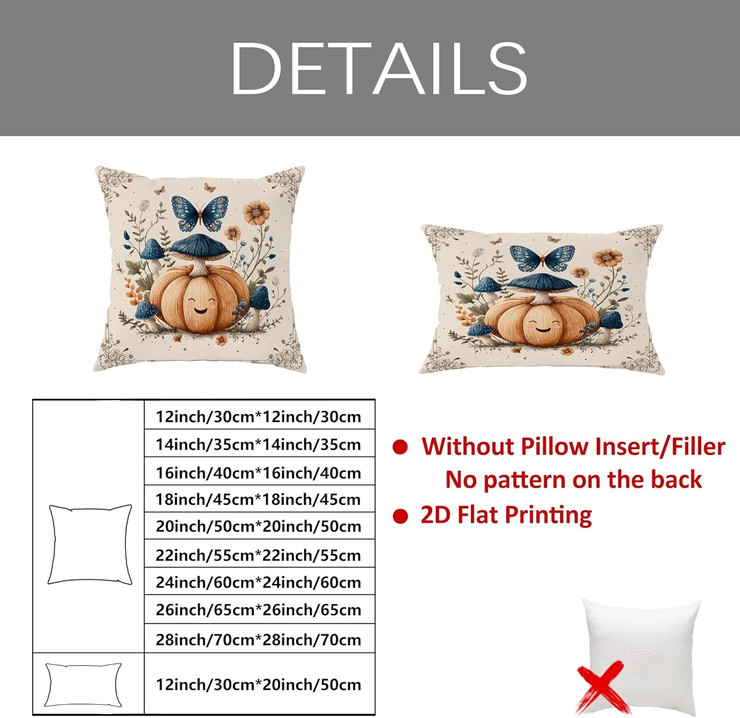 Fall Throw Pillow Covers Set of 2, Pumpkin and Butterfly Floral Cushion Cases, Autumn Decorative Square Home Decor for Sofa Bed Couch 26x26 Inch