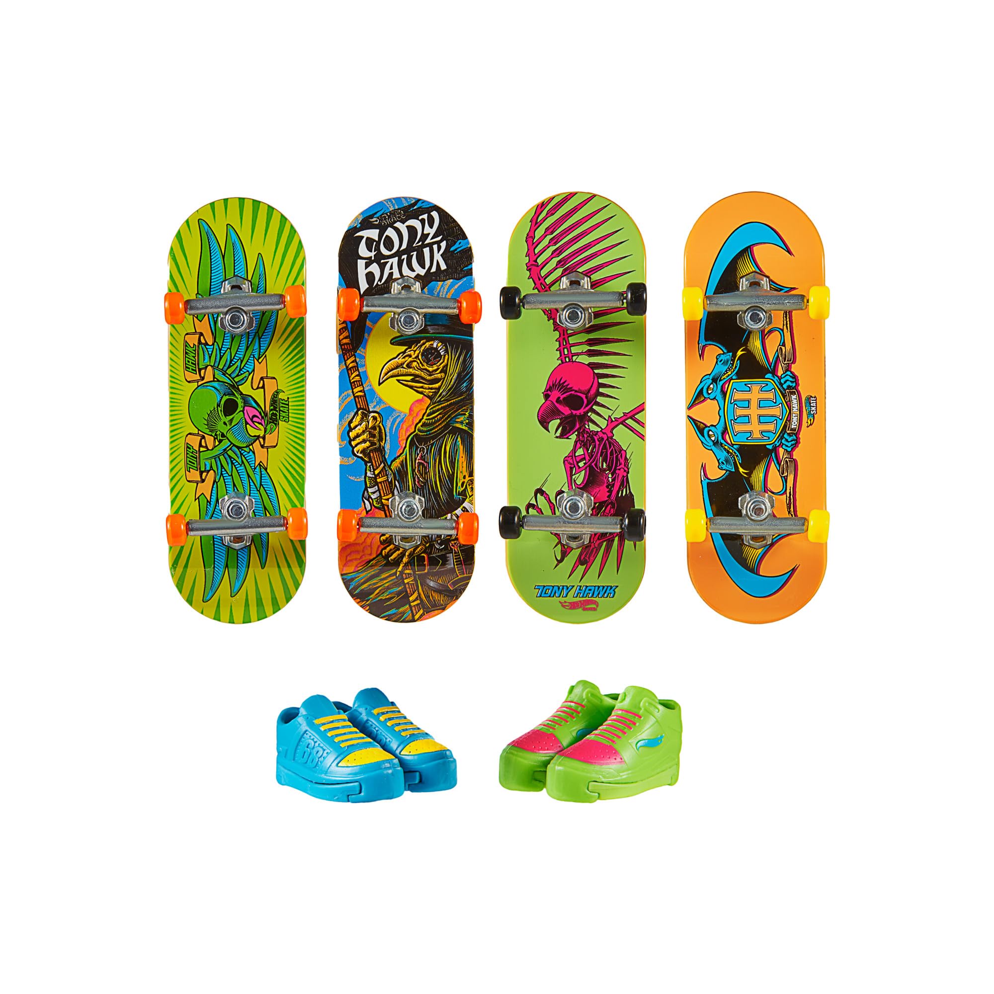 Hot Wheels Skate Calaveras Neón – Set De 4 Fingerboards Con Diseños De Tony Hawk Y Zapatillas Intercambiables Para Trucos, HXK84
