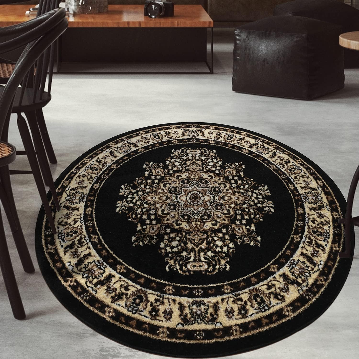 Antep Rugs Oriental 5x5 Traditional Medallion Indoor Round Area Rug Siesta (Black
