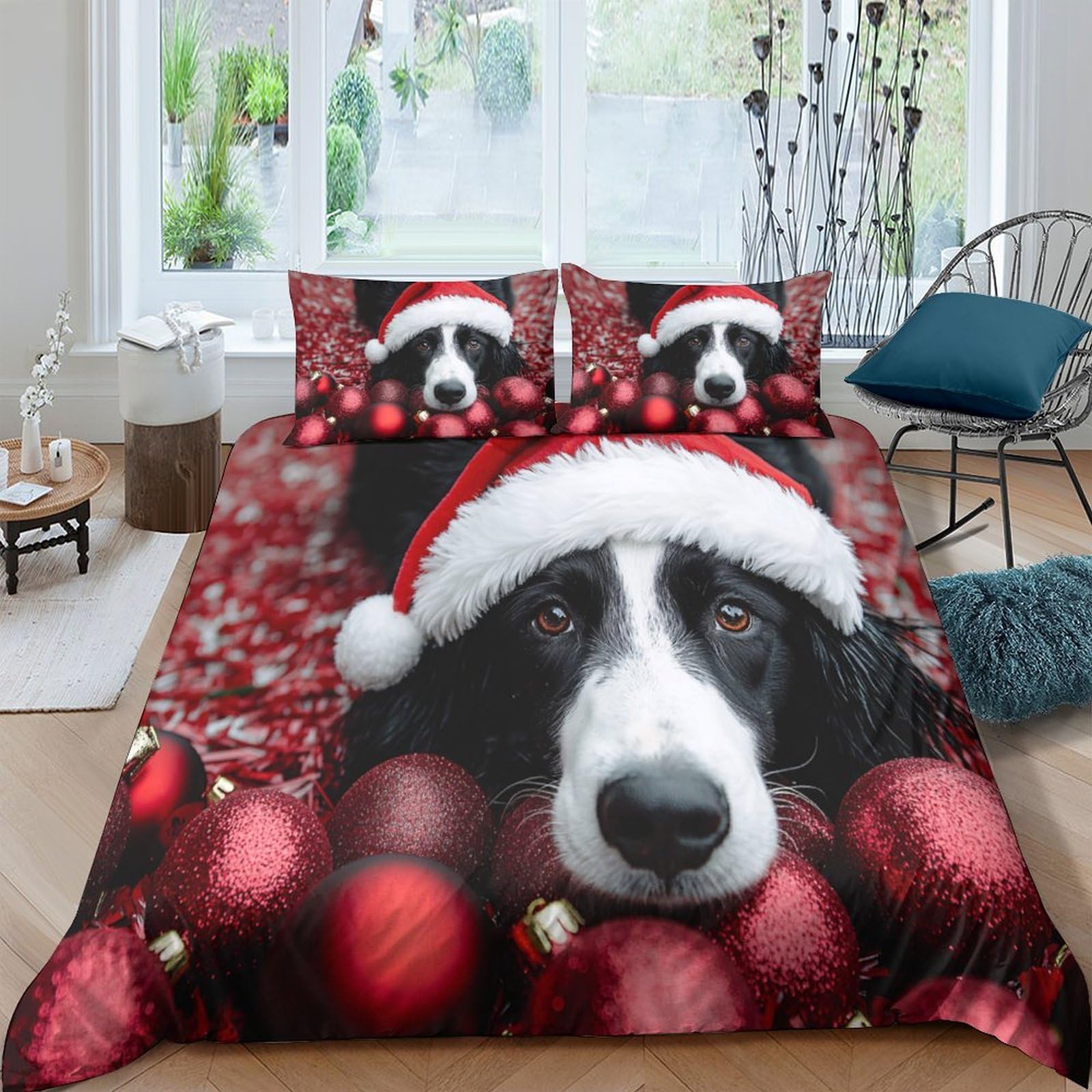 Ctjqhvkz Style-2 3D Printed Christmas Dog Fitted Sheet Microfiber Red Santa Hat Bed Cover For Bedroom Guest Room Mattress Protection Decor Single（135X200cm）
