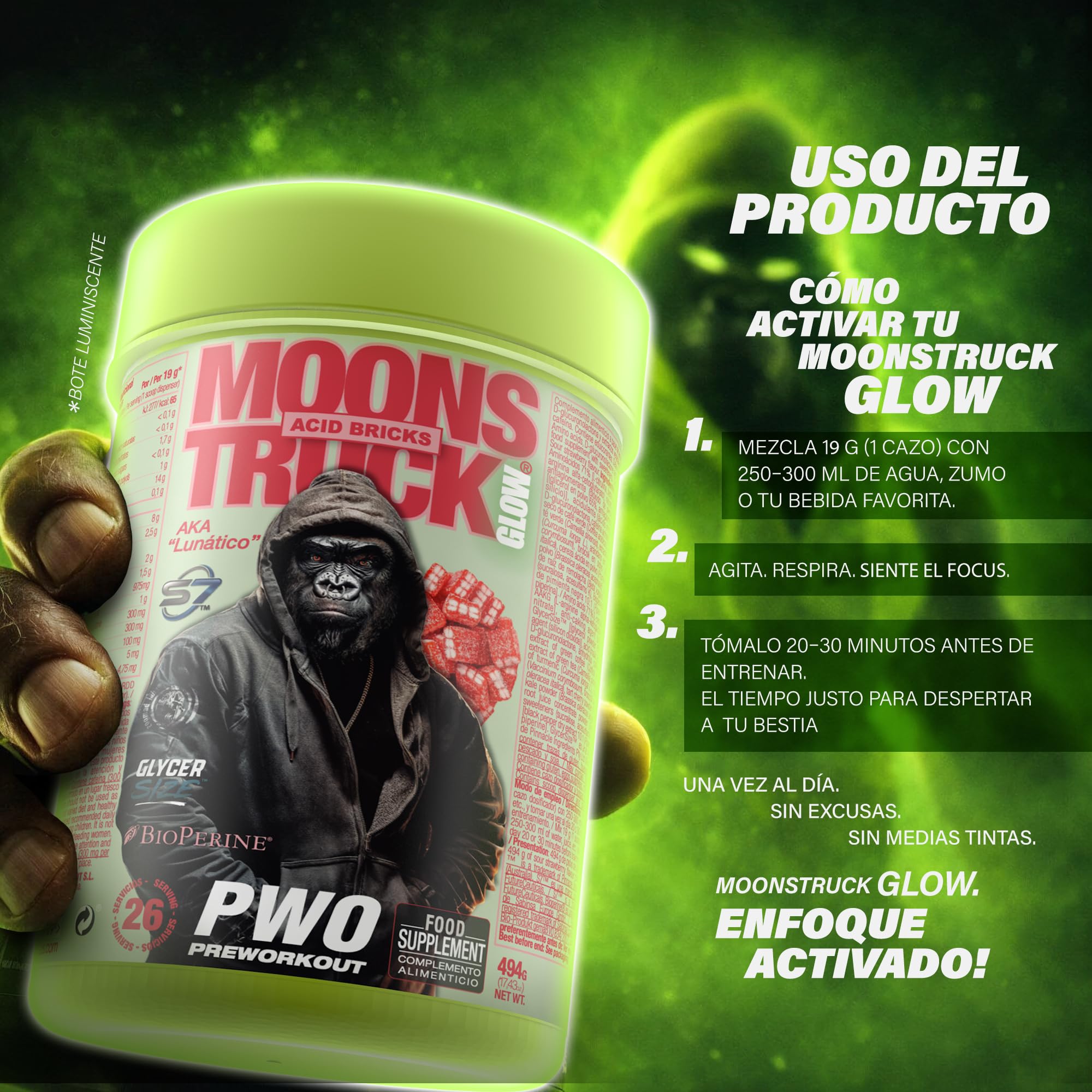 Pre Workout Moonstruck Glow Zoomad Labs 494g – Preentreno Premium para Gimnasio con Cafeína, Óxido Nítrico, Pump Extremo y Fuerza – Bote 3D Gorila Glow que Brilla - Fizzy Peachy