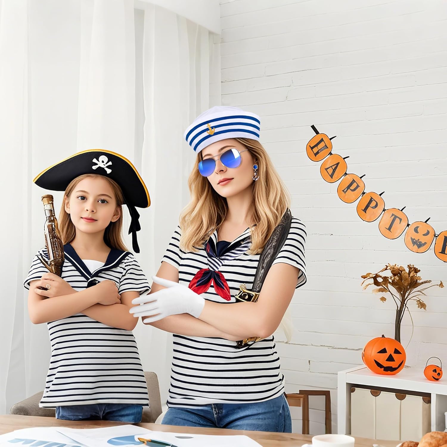 Watayo 5 Pcs Halloween Nautical Sailor Hat and Scarf Cosplay Outfit, Yacht Captain Sailor Cap Scarf Sunglasses Gloves Earrings, Halloween Sailor Costume Accessories for Women Men Dressing Up Party - Image 7