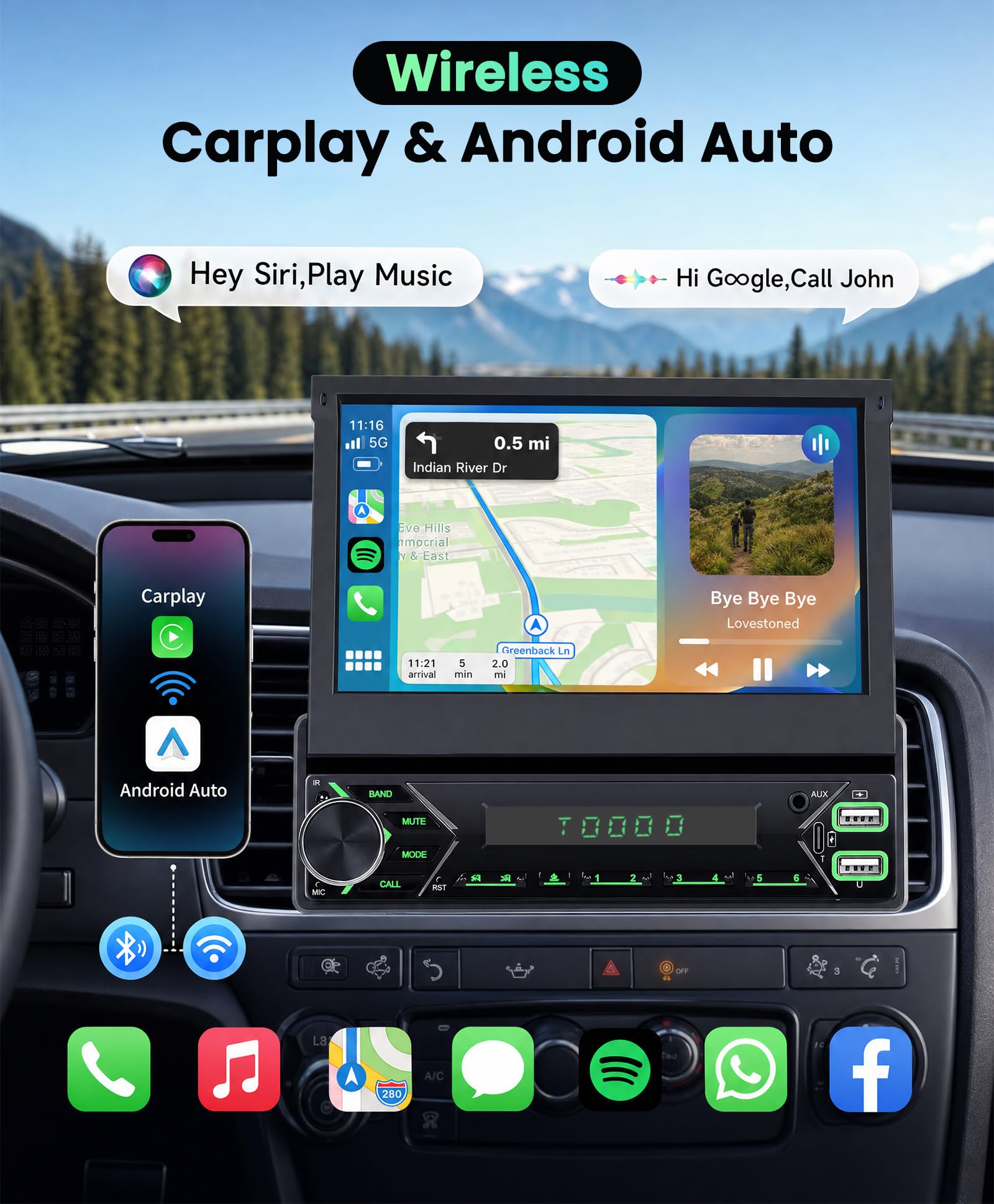 SIXWIN 2+64G Android 13 1 DIN Radio con Pantalla, 7 Pulgadas Radio Coche Pantalla Extraible Manual con Carplay/Android Auto/WiFi/GPS/Bluetooth/Mandos Volantes/FM/RDS/USB/Type-C/Aux