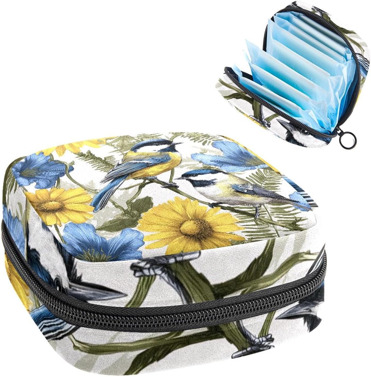 1Pc Portable Sanitary Napkin Storage Bag, Menstrual Cup Pouch, Feminine Care Pads Bag for Girls Women, Tampons First Period Kit, Birds Yellow Daisy Flowers Blue Bellflowes and Leaves