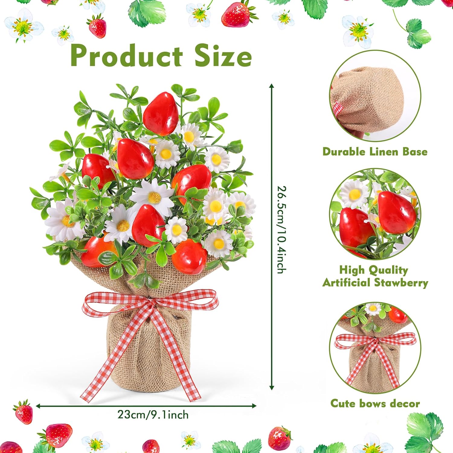 6 Pack Small Strawberry Table Centerpiece Artificial Potted Strawberry Flowers in Burlap Bag Vases Fake Strawberry Daisy Plants for Mother's Day Spring Summer Home Farmhouse Tiered Tray Display Decor