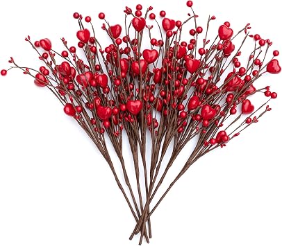 AXYLEX Valentines Day Decorations Floral Picks Stems - 8Pcs,16 Inch Artificial Red Berry Heart Shaped Branches Gift for Wedding Home Vase Decor