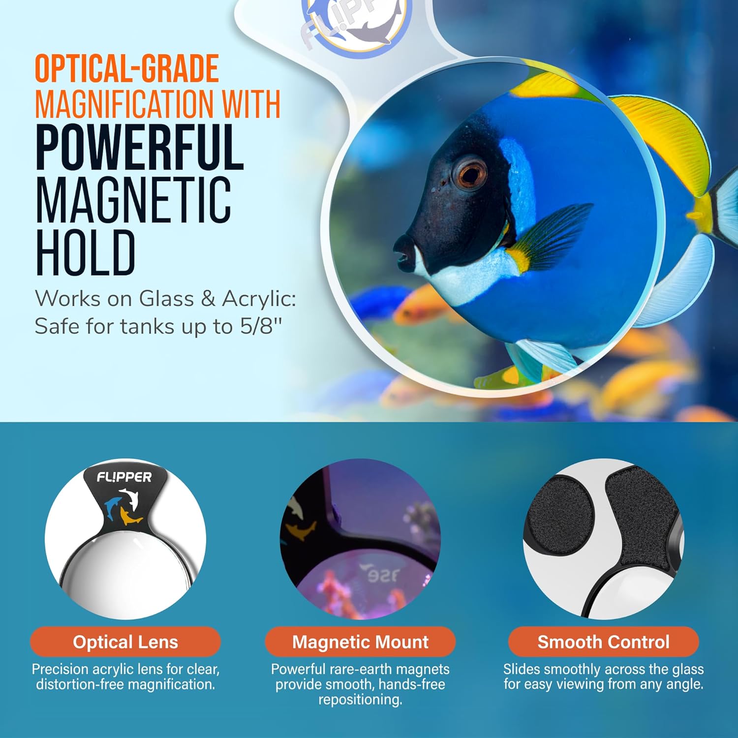 Flipper DeepSee 4" Magnetic Aquarium Viewer – Optical-Grade Magnifying Lens for Glass & Acrylic Tanks up to 5/8" Thick – Hands-Free Underwater Viewing for Fish, Corals & Aquarium Photography – Clear