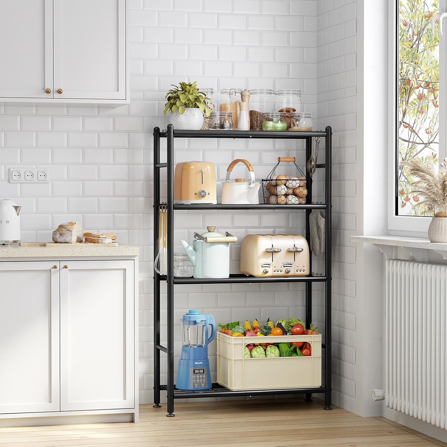 APEXCHASER Metal Shelving, 4-Tier Storage Shelves with Hooks, Adjustable Leveling Feet, Large Capacity Steel Wire Shelf Organizer for Pantry, Laundry, Kitchen (33''Lx12.6''Wx57''H)