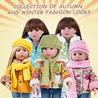 Vista 6 de Conjunto de ropa de muñeca de 5 piezas. El juego incluye abrigo amarillo colorido, bufanda y sombrero verdes, jeans azules y camiseta blanca, ropa