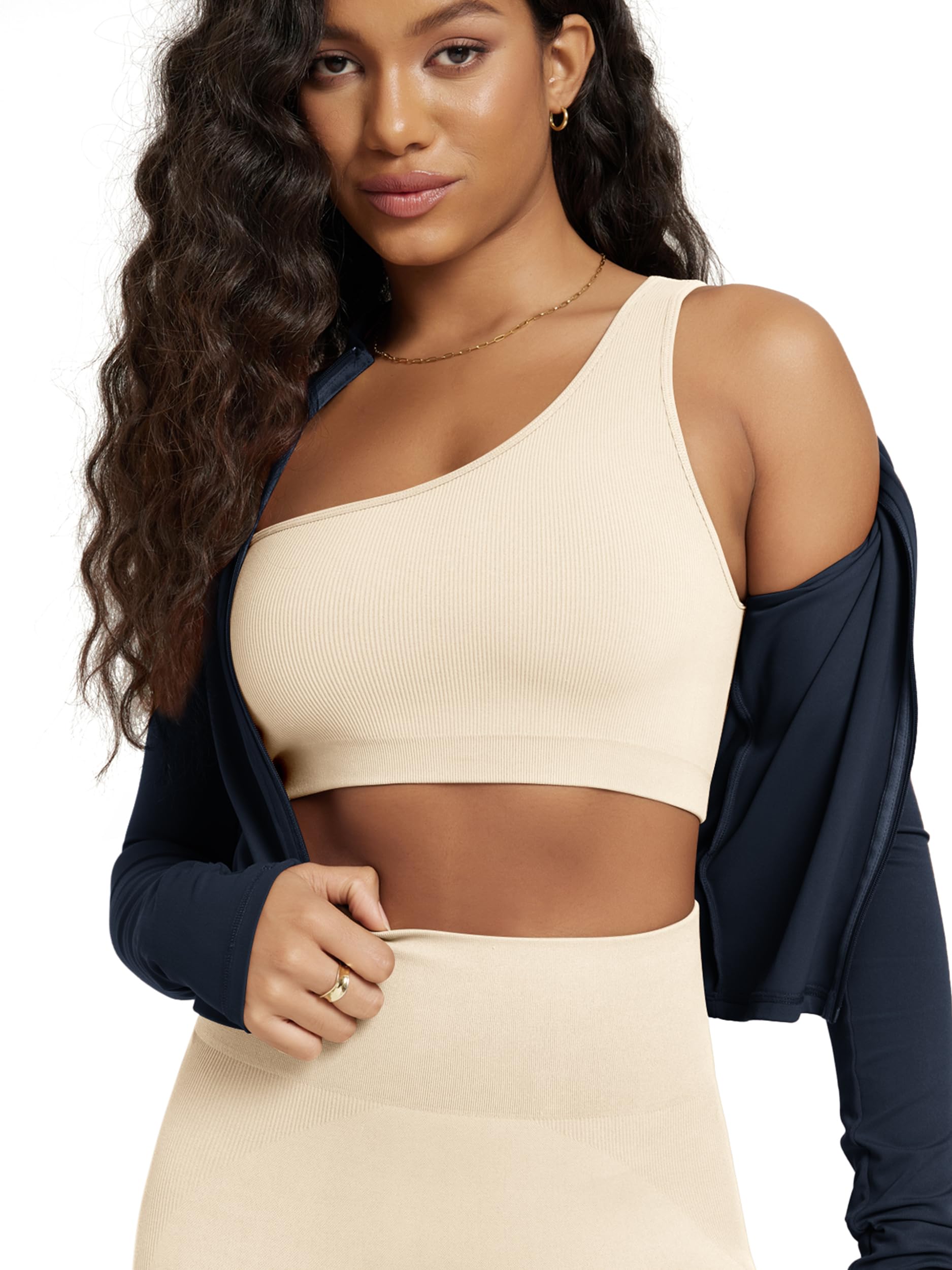 ODODOS Seamless One Shoulder Sports Bra for Women Ribbed Asymmetrical Non Padded Yoga Crop Tank Tops