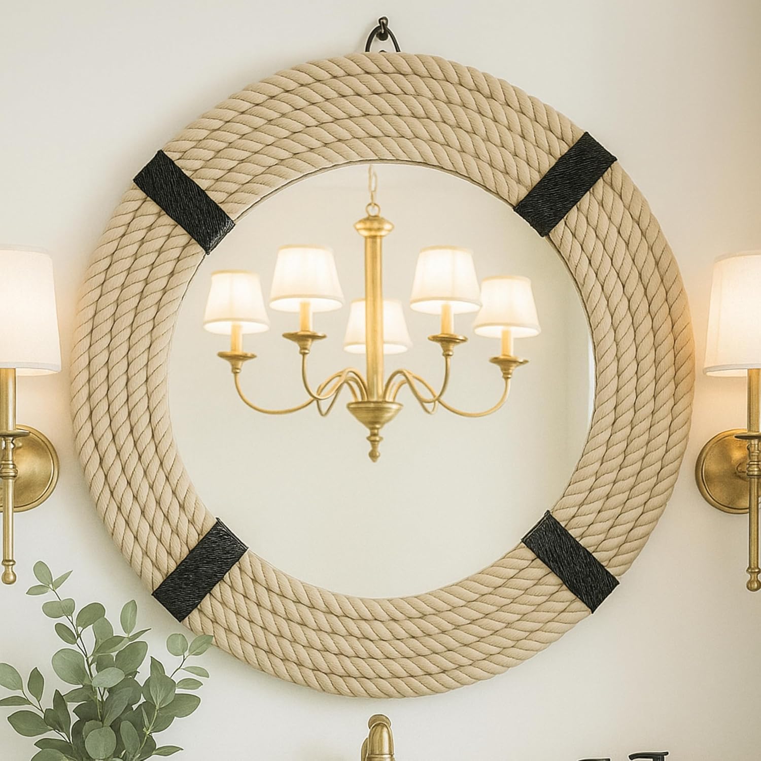 HIGHBIX Jute Rope Mirror with Natural Rope Finish Hanging Mirror for Bathroom, Bedroom, Living Room & Entryway – Handmade Nautical Coastal Decor with Black & Natural Jute Frame (Style 3)