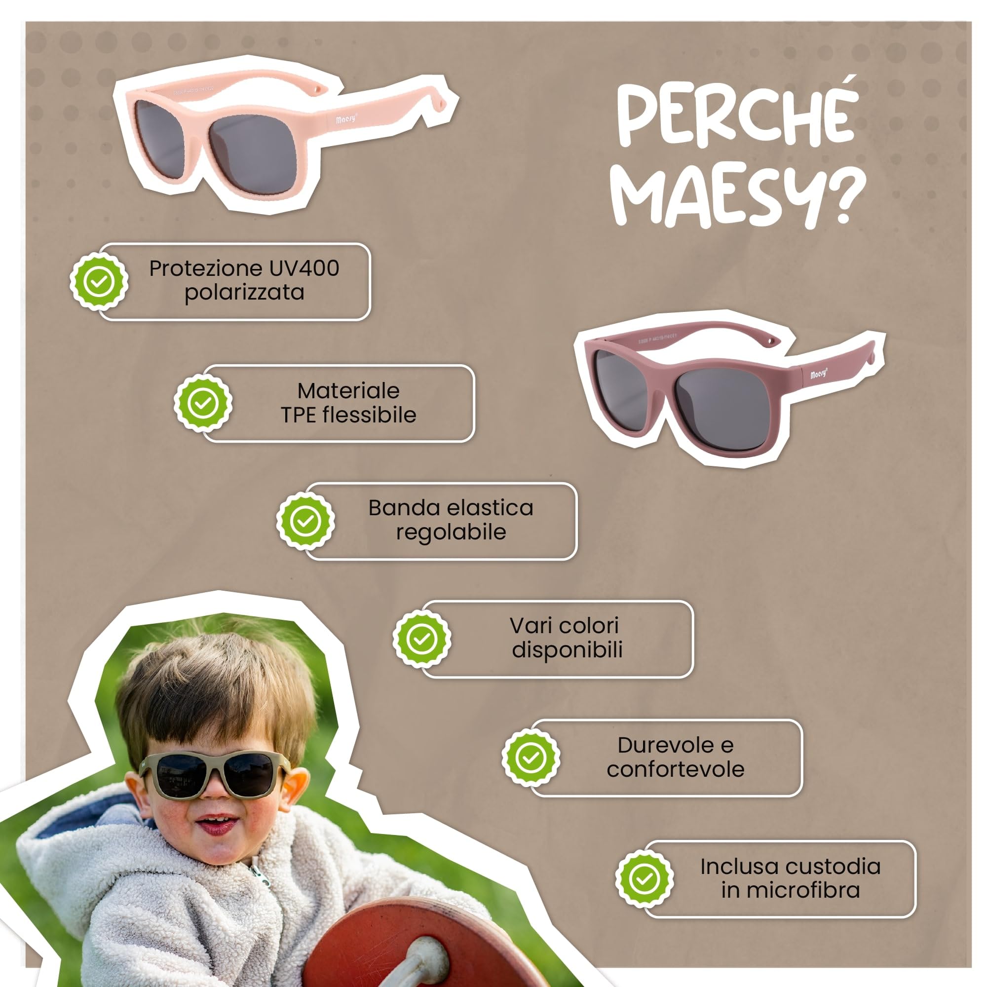 Occhiali da Sole Bambino 1-3 Anni - Lenti Polarizzate UV400 Categoria Filtro 3 - Montatura Flessibile con Fascia Regolabile - Design Quadrato, Sicuri e Confortevoli - Luca