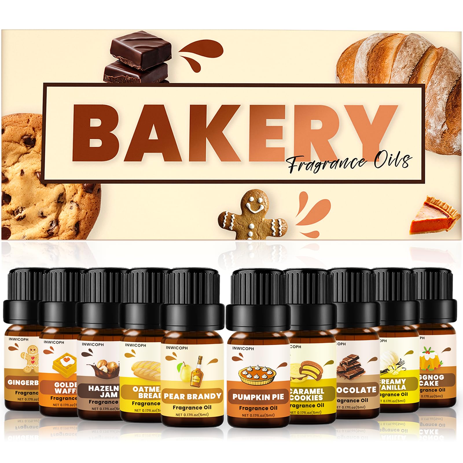Bakery Essential Oils Set (10 × 5ml), INWICOPH Fragrance Oil for Soap & Candle Making - Pumpkin Pie, Golden Waffle, Hazelnut, Eggnog Cake Aromatherapy