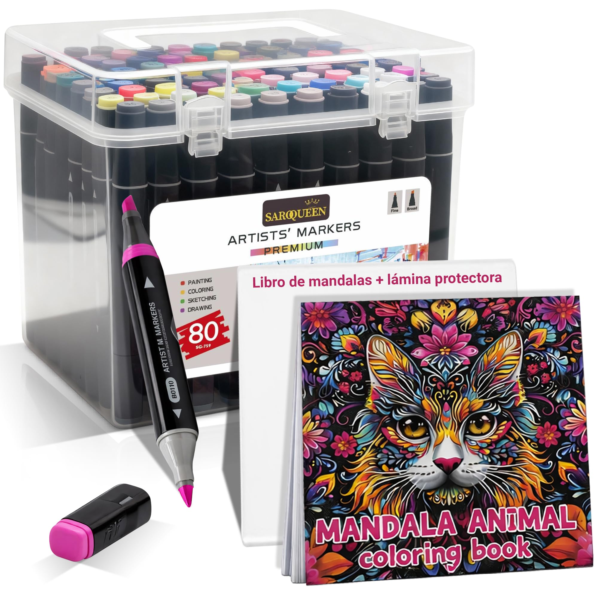 Rotuladores Alcohol 80 Colores y Libro de Mandalas para Colorear - Rotuladores Profesionales con Doble Punta y Tinta de Calidad - Rotulador con Base de Alcohol Lettering - Incluye Lámina protectora