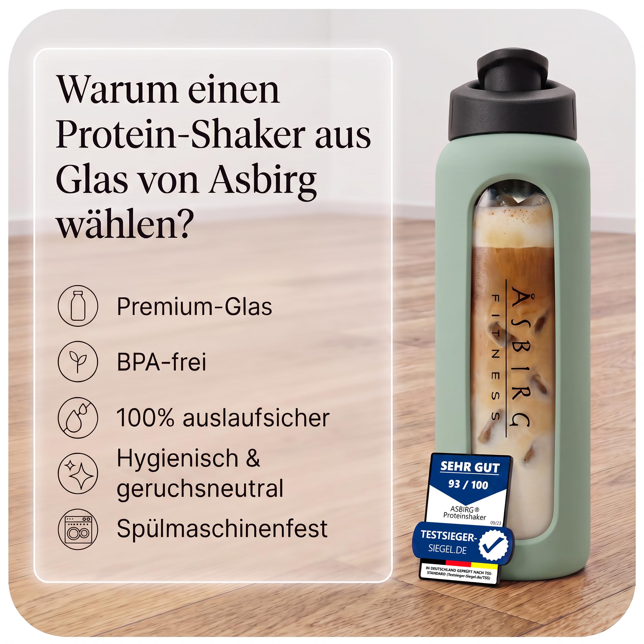 3er Bundle Proteinshaker aus Glas – Lila, Pastellgrün & Beige – BPA-frei, geschmacksneutral - mit Spiralball