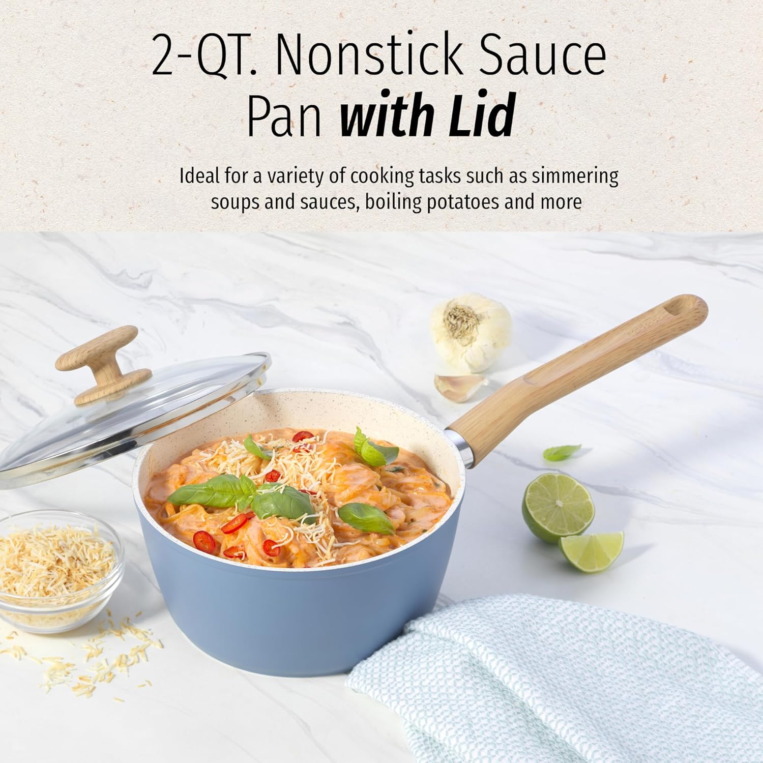 GoodCook Healthy Ceramic Titanium-Infused 2 Quart Saucepan with Lid, Light Blue – Induction Cookware, Nonstick Cooking Pan, Food Cooker for Soups, Sauces, Potatoes, Pasta, Rice