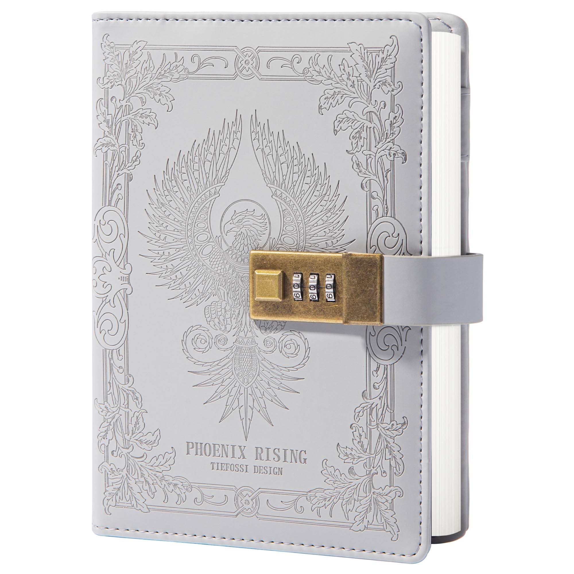 Phoenix Journal Notebook with Lock, Vintage Leather Locked Diary, B6 Travel Refillable Ruled Lined Writing Paper, Secret Password Gift Diary for Women Girls Boys (Grey)