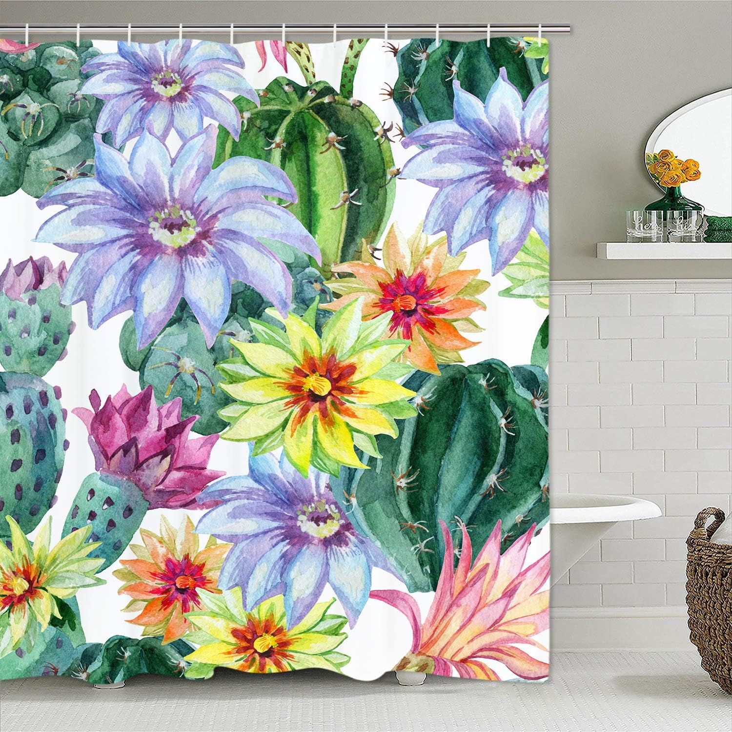 SZZWY Cactus Shower Curtain Succulent with 12 Hooked Cactus Shower