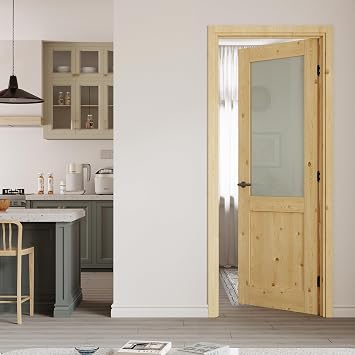 30" x 80" Prehung Door Half Lite Tempered Frosted Glass Slab Doors with Jamb Kit, Pine Wood Interior Door for Bathroom Pantry Laundry, Home Doors, Easy Assemble - Right Handed