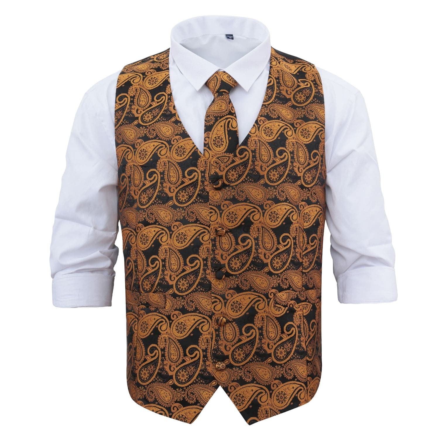 Dqt Men's Black & Gold Paisley Bohemian Waistcoat & Tie Set (2Pc) - Wedding, Business & Formal - 3XL 46"
