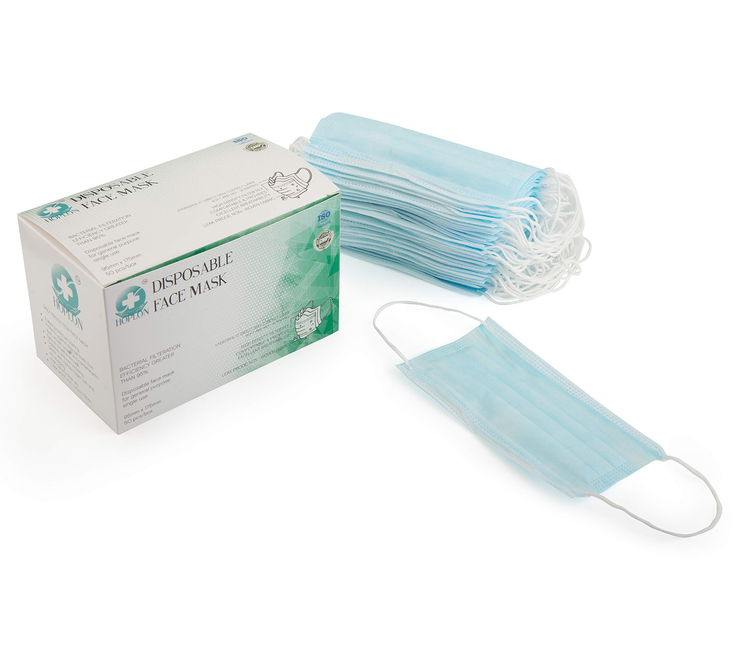 Hoplon Polypropylene Disposable Medicare 3 Ply Single Use Mask with Built In Nose Pin, ISO And CE Certified (Blue, Without Valve, Pack of 50) for Unisex