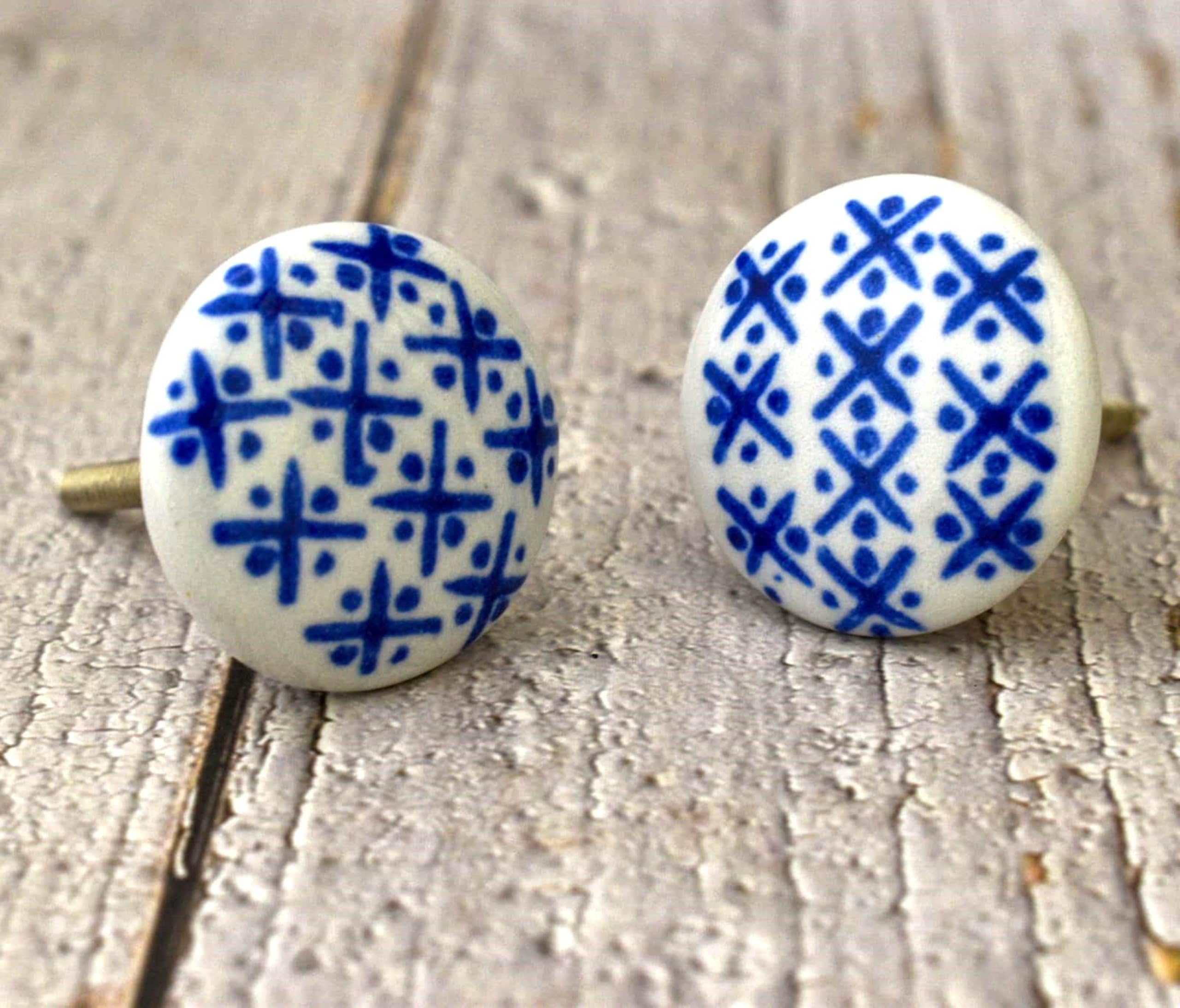 ARTISNO Ceramic Knobs Colorful Blue for Kitchen Cabinets Bathroom Cupboards Dresser Drawers Chest Handmade Pottery Set of 10 (Geometry)