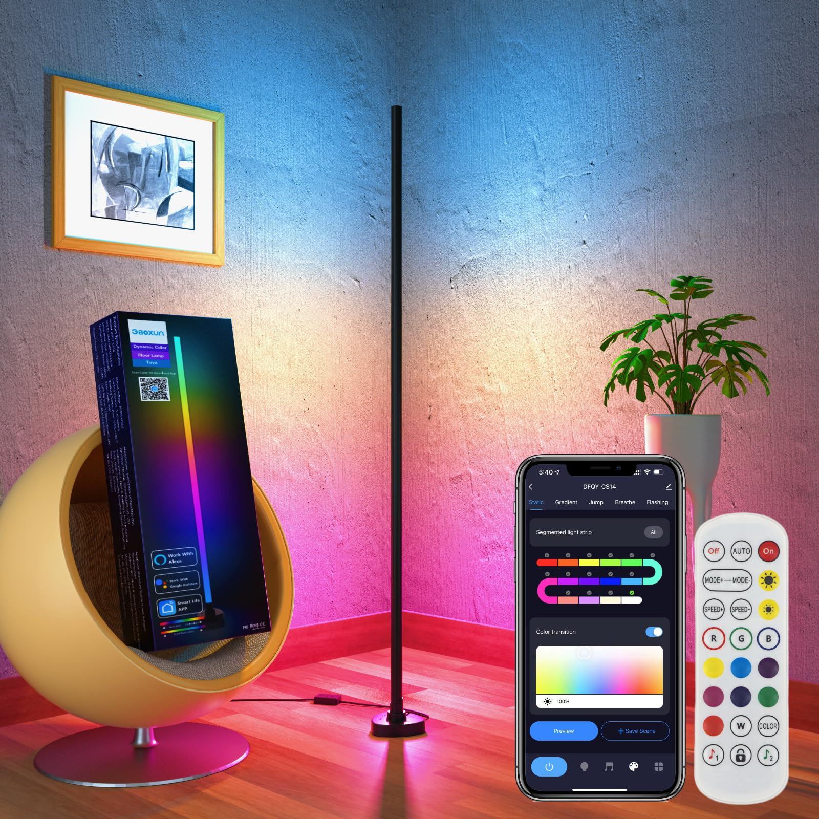 Gaoxun RGBW LED Stehlampe Wohnzimmer, Ecklampe Dimmbar mit Fernbedienung und APP, Alexa und Google Assistant, 16 Millionen Farben, 44 Szenenmodi, Musikmodi, DIY-Modus für Schlafzimmer Gaming, Schwarz