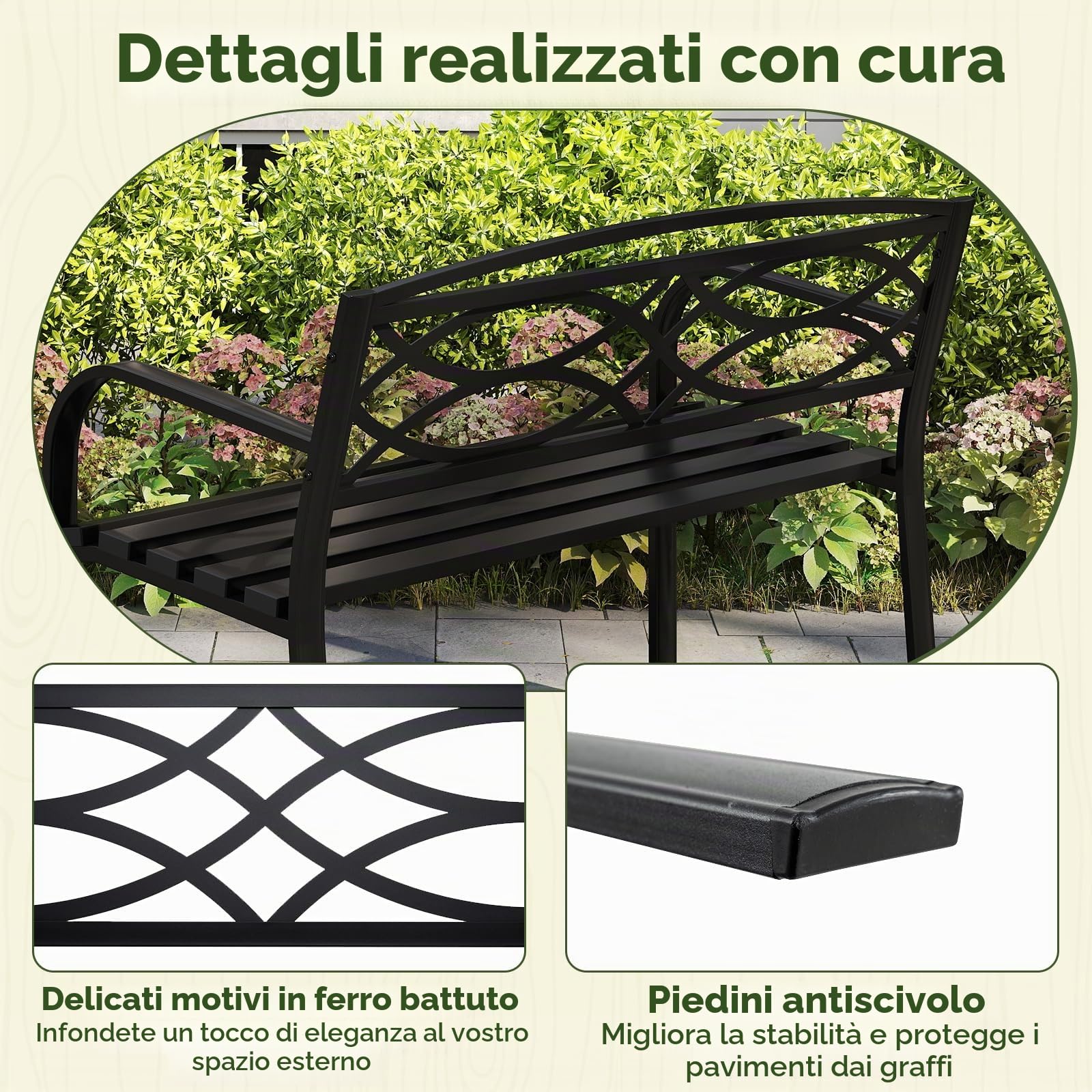 KOMFOTTEU Panca da Esterno in Metallo, Panchina da Giardino 2 Posti con Braccioli, Schienale Ergonomico e Seduta a Doghe, Resistente agli Agenti Atmosferici, Panca da Terrazza, Parco, Cortile, Nero