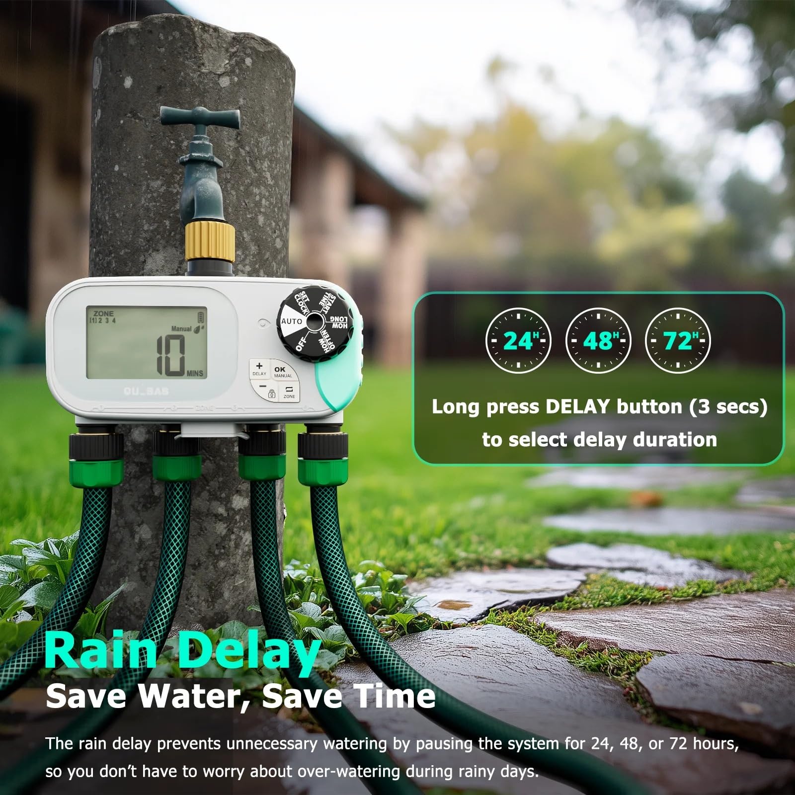Timer for irrigazione programmabile con ingresso e uscita in ottone a 4 zone, di irrigazione del prato con ritardo pioggia/manuale/automatico