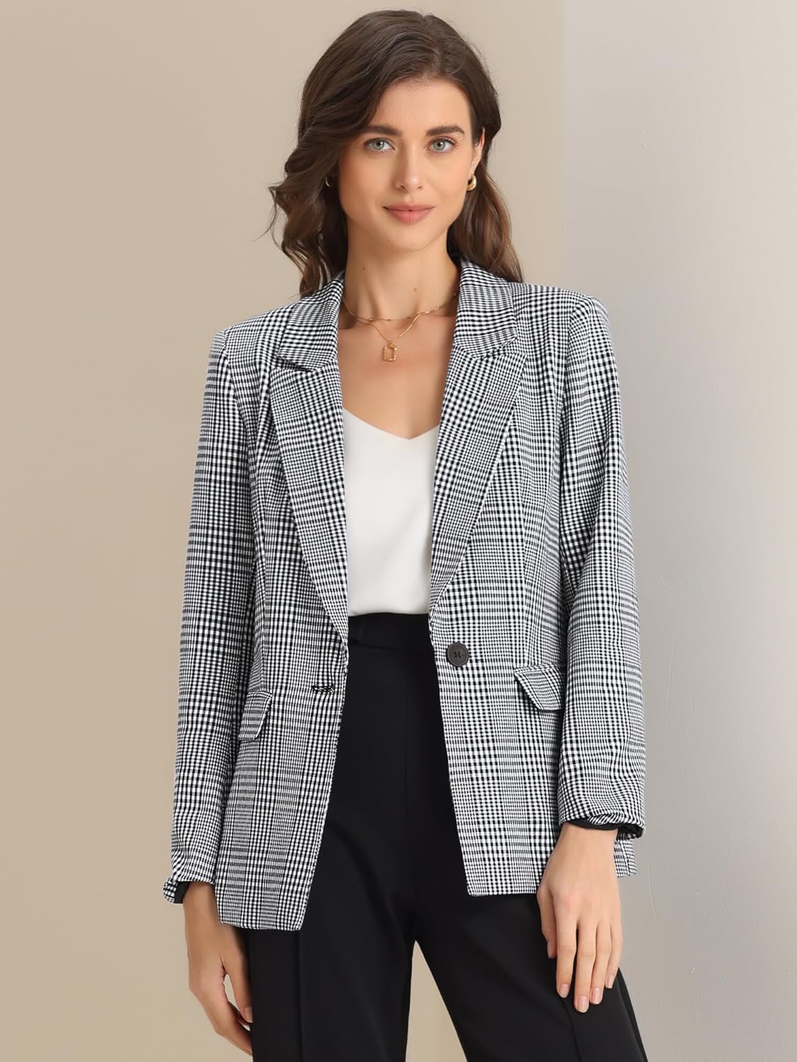 Allegra K Women's Notched Lapel One Button Boyfriend Blazer Suit Houndstooth Work Office Blazers Jacket