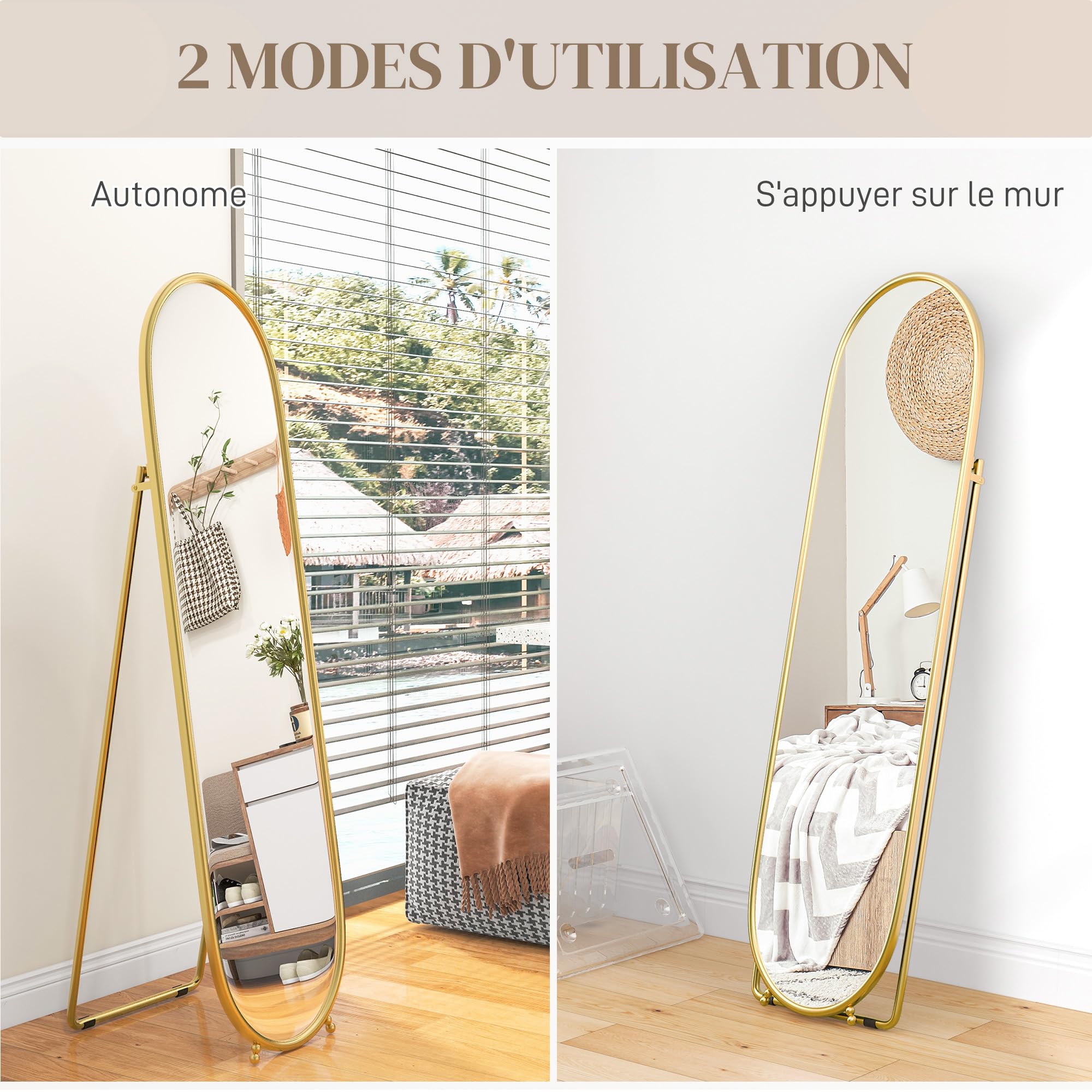 HOMCOM Grand Miroir sur Pied Ovale Cadre en métal doré 40 x 160 cm