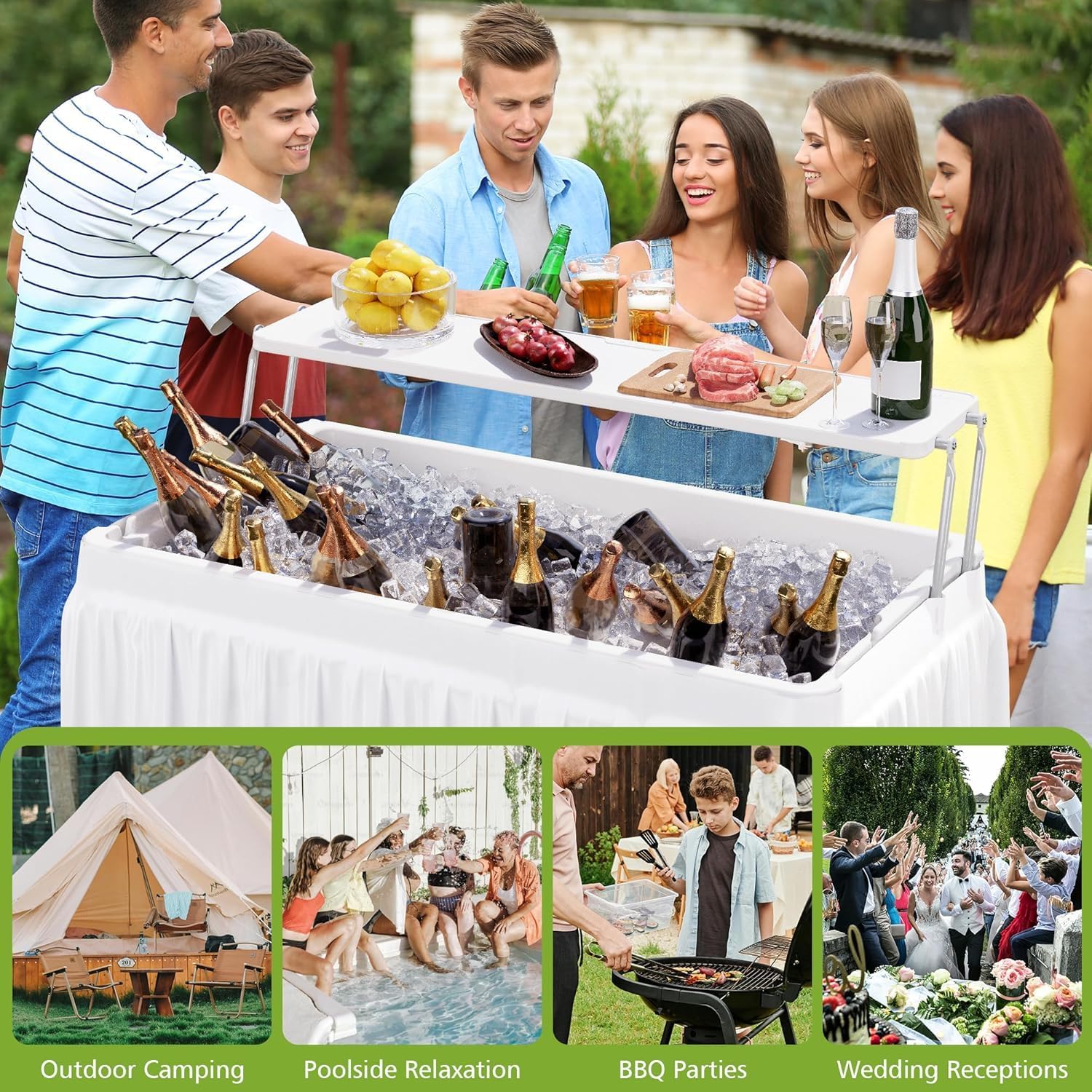 LHBcraft Outdoor Ice Cooler Folding Table with Extra Storage Shelf,Ice Tables for Parties with Drain,Cooler Server for Camping, Picnic, Wedding, BBQ (White)