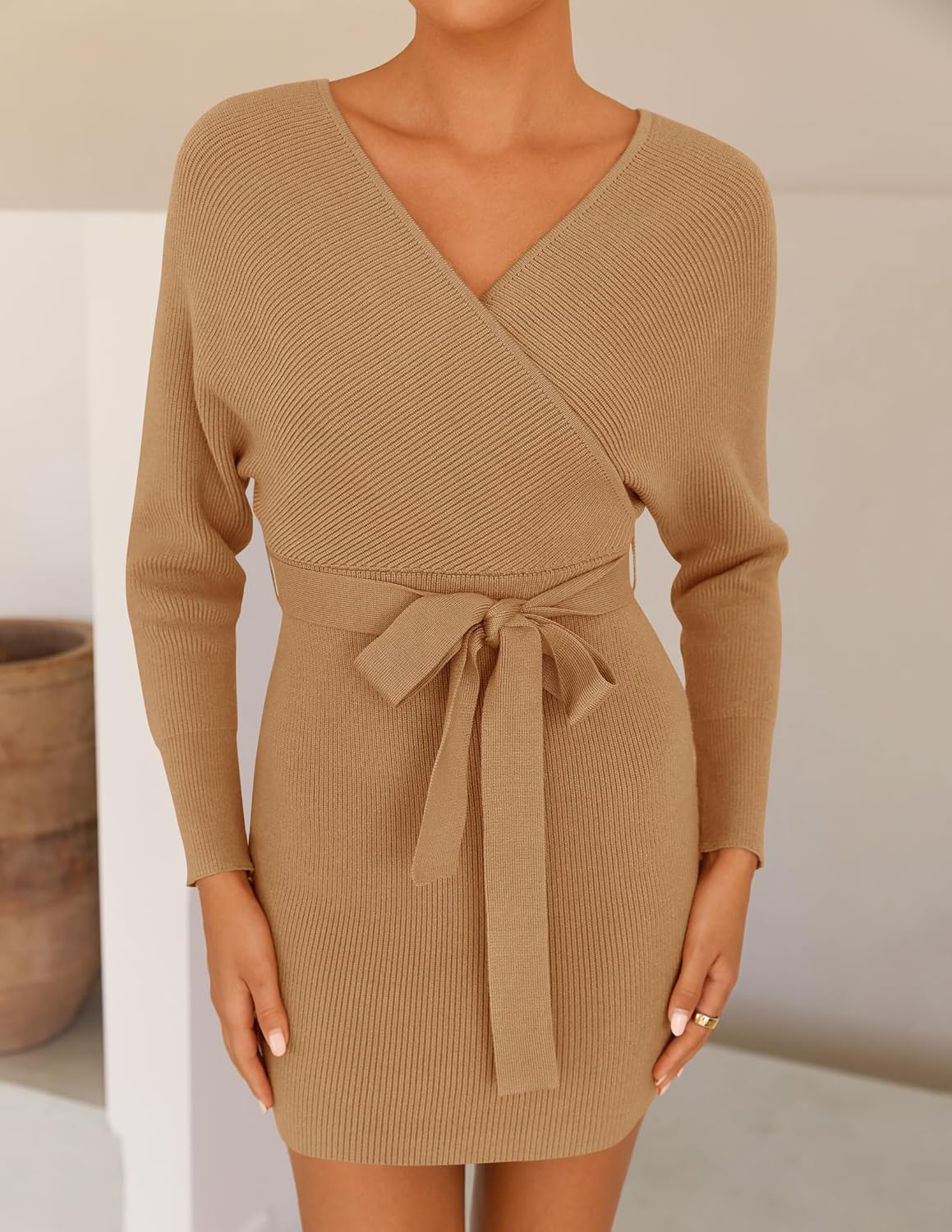 ZESICA Women's Fall Long Batwing Sleeve Wrap V Neck Knitted Backless Bodycon Pullover Sweater Dress with Belt - Image 2