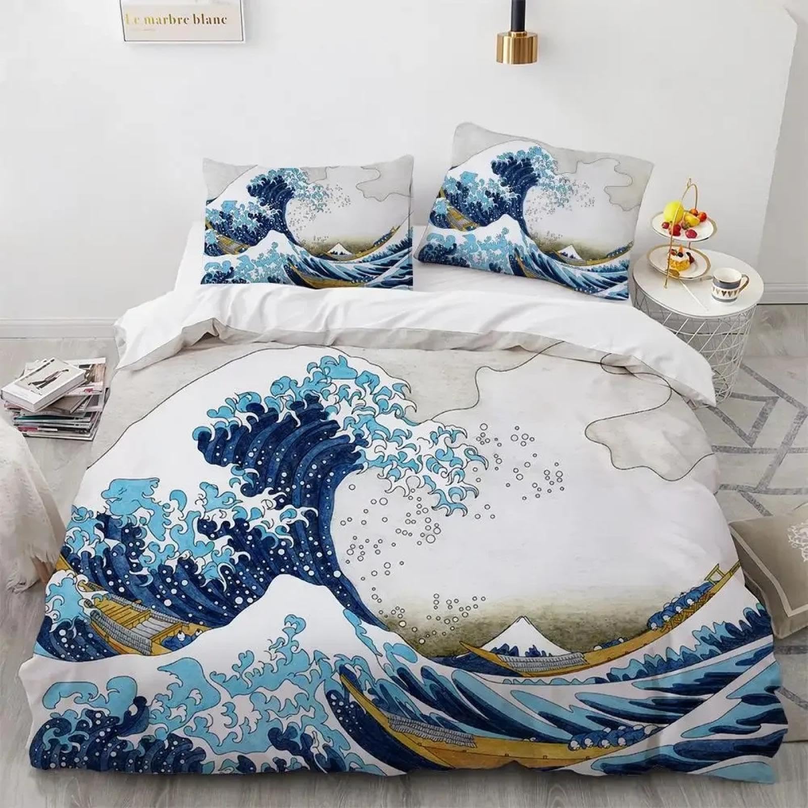 Housse de couette Hokusai motif vague océan 135x200cm avec taies d'oreiller