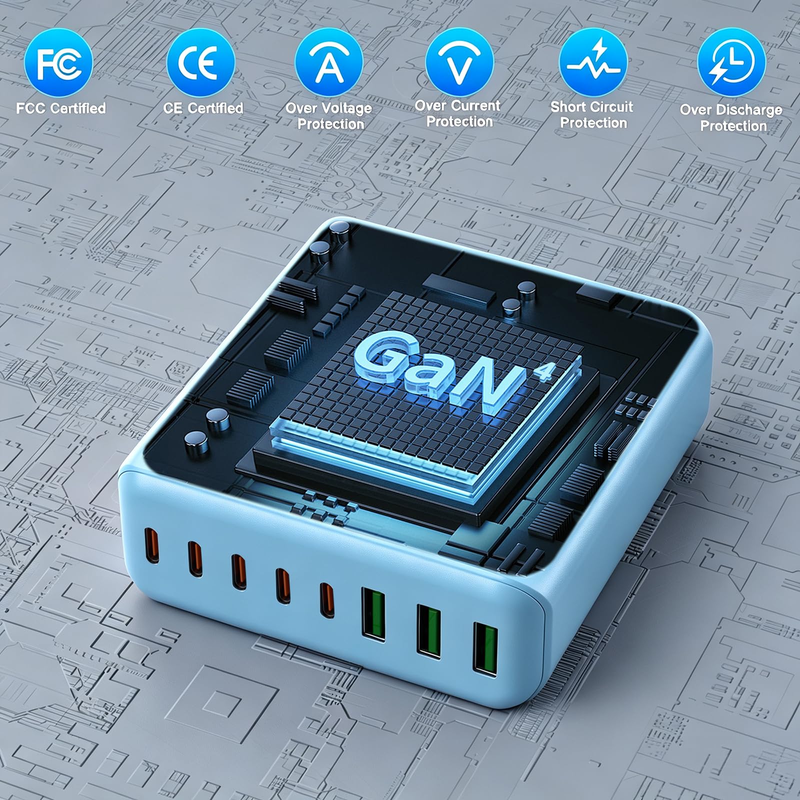 GaN IV Chargeur USB C 400 W - 8 ports - Chargeur rapide à 8 ports - Compatible avec MacBook Pro/Air, iPad Pro/Air, iPhone, Android, etc