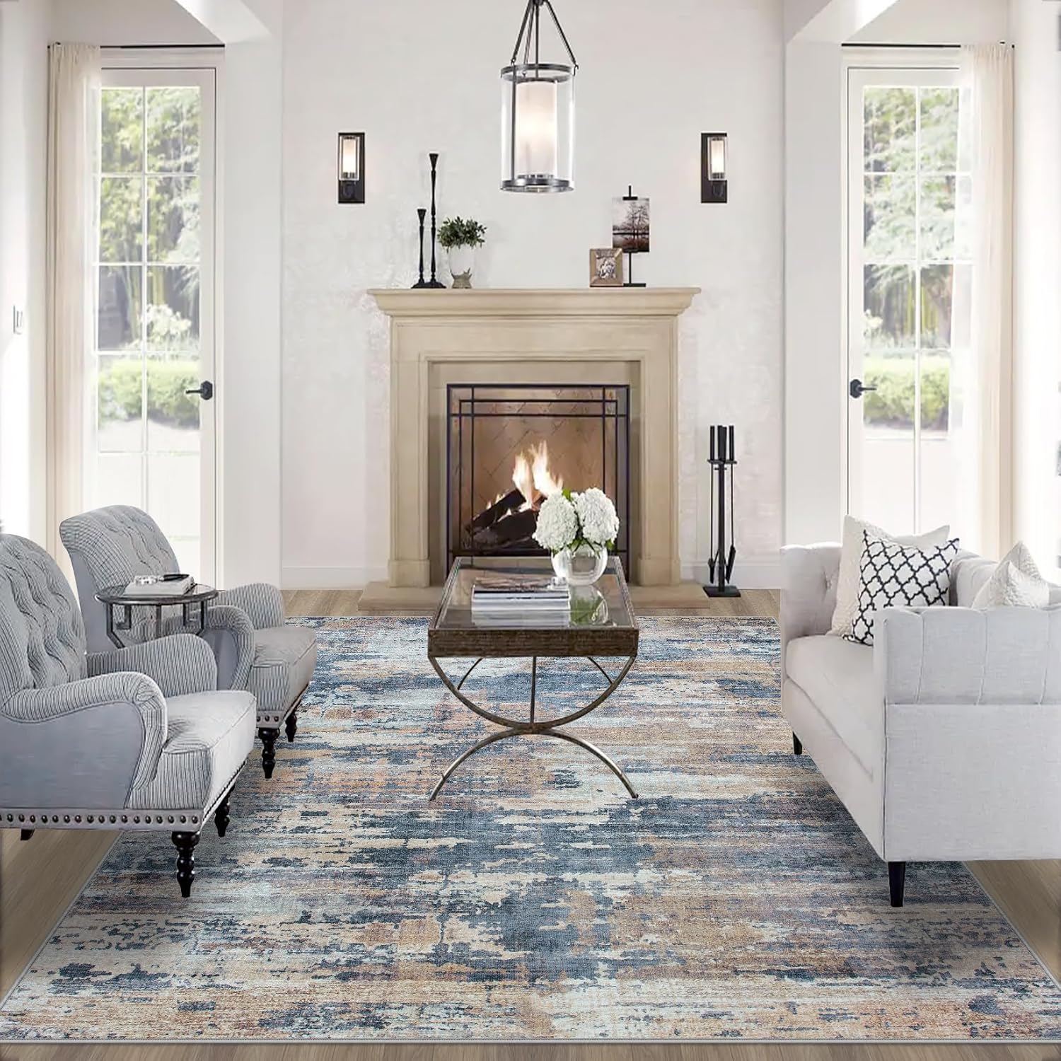 Area Rugs 9x12 Living Room: Large Machine Washable Area Rug with Non Slip Backing Non Shedding Abstract Stain Resistant Carpet for Bedroom Dining Room Nursery Home Office - Multi