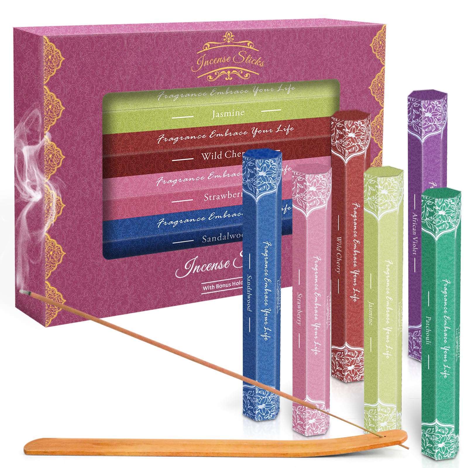 Bastoncini di Incenso, Profumi Vari, Sandalo, Patchouli, Violetta, Fragola, Gelsomino, Ciliegia, con Porta Bastoncini di Incenso