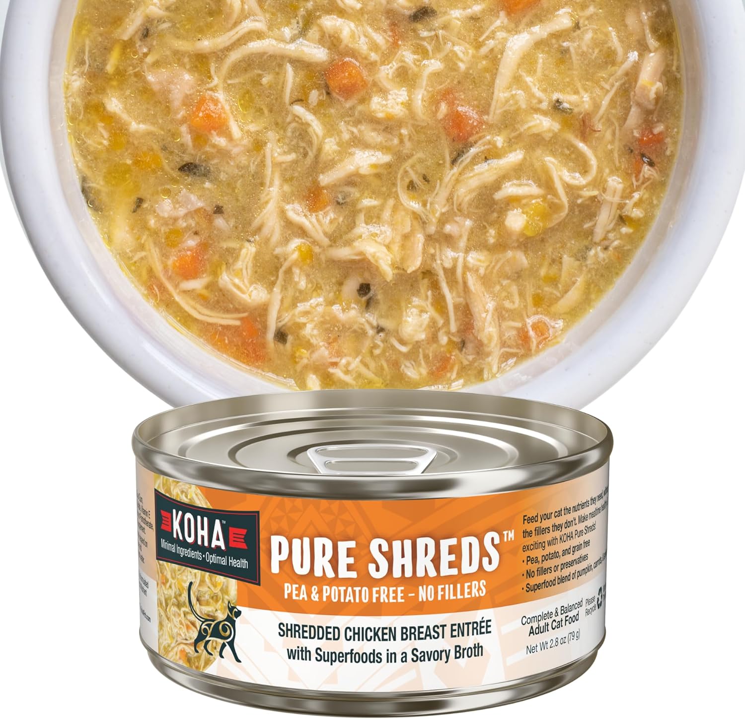 KOHA Pure Shreds Chicken Entrée for Cats, High Protein Wet Cat Food, 2.8oz Cans (Pack of 24)