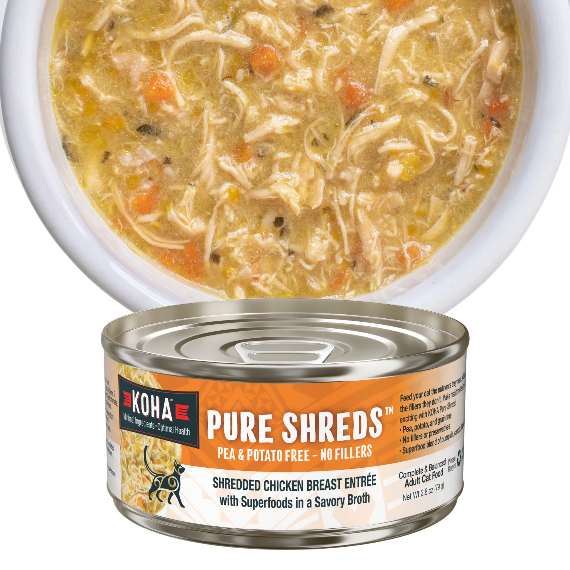 KOHA Pure Shreds Chicken Entrée for Cats, High Protein Wet Cat Food, 2.8oz Cans (Pack of 24)