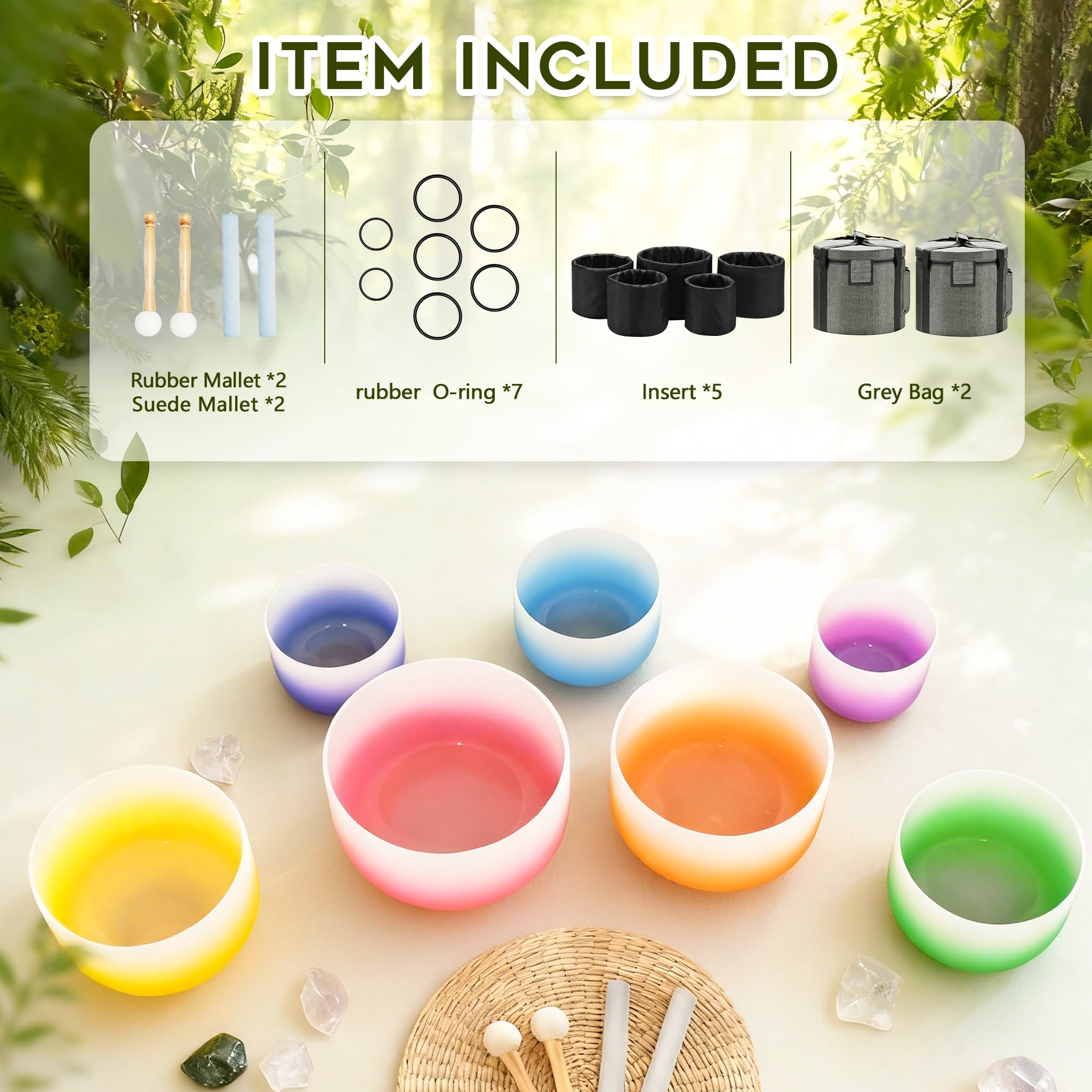 CVNC 432HZ 6-12 Zoll Set von 7 PCS Aria Gradient Design Frosted Quartz Kristall Singen Schüsseln mit 2 PCS Tragetasche für Klangheilung und Therapie Meditation