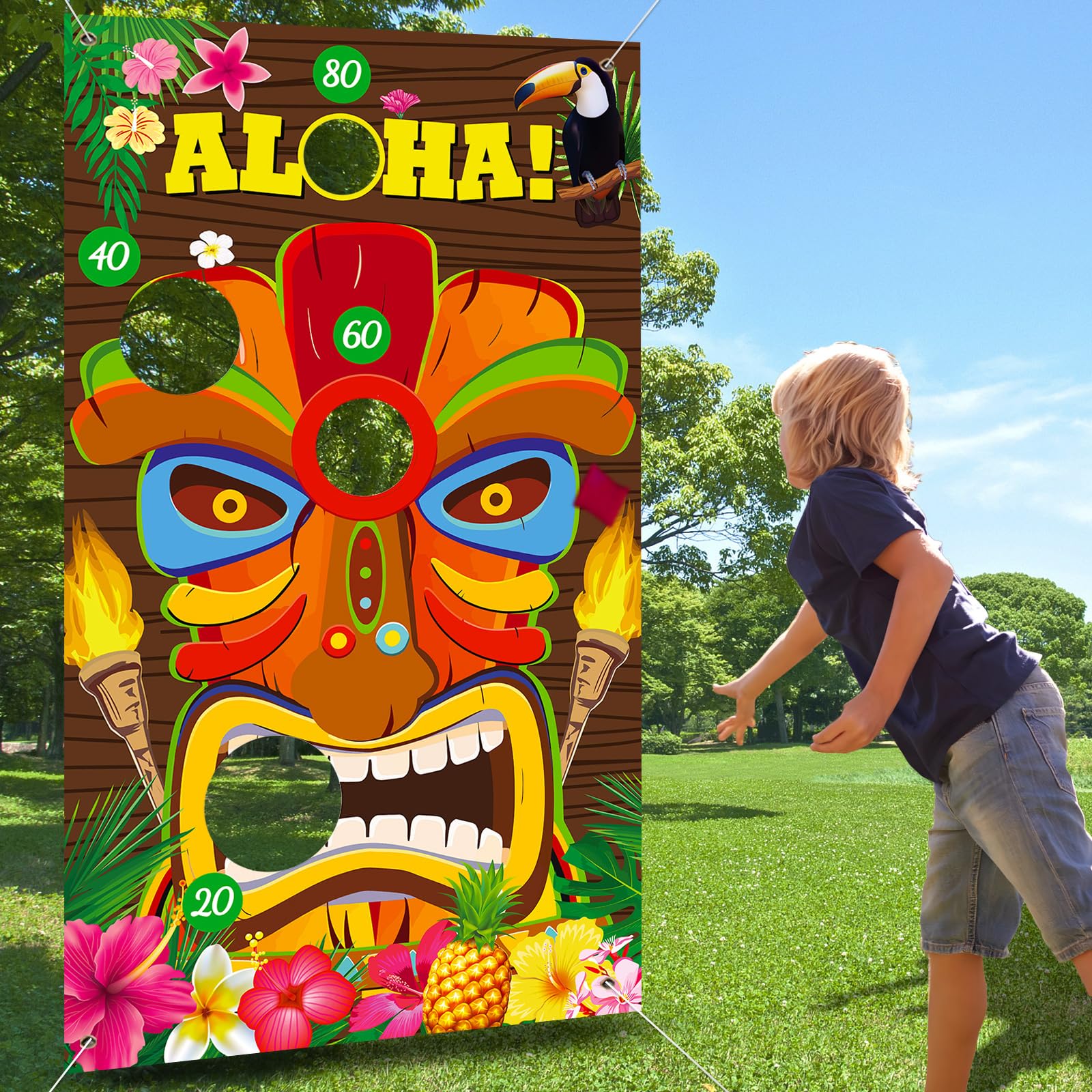 iPartycool Luau Party Games, Aloha Bean Bag Toss Game Banner with 4pcs Bean Bags, Hawaiian Luau Games for Teens Adults Kids Partys Game Outdoor Summer