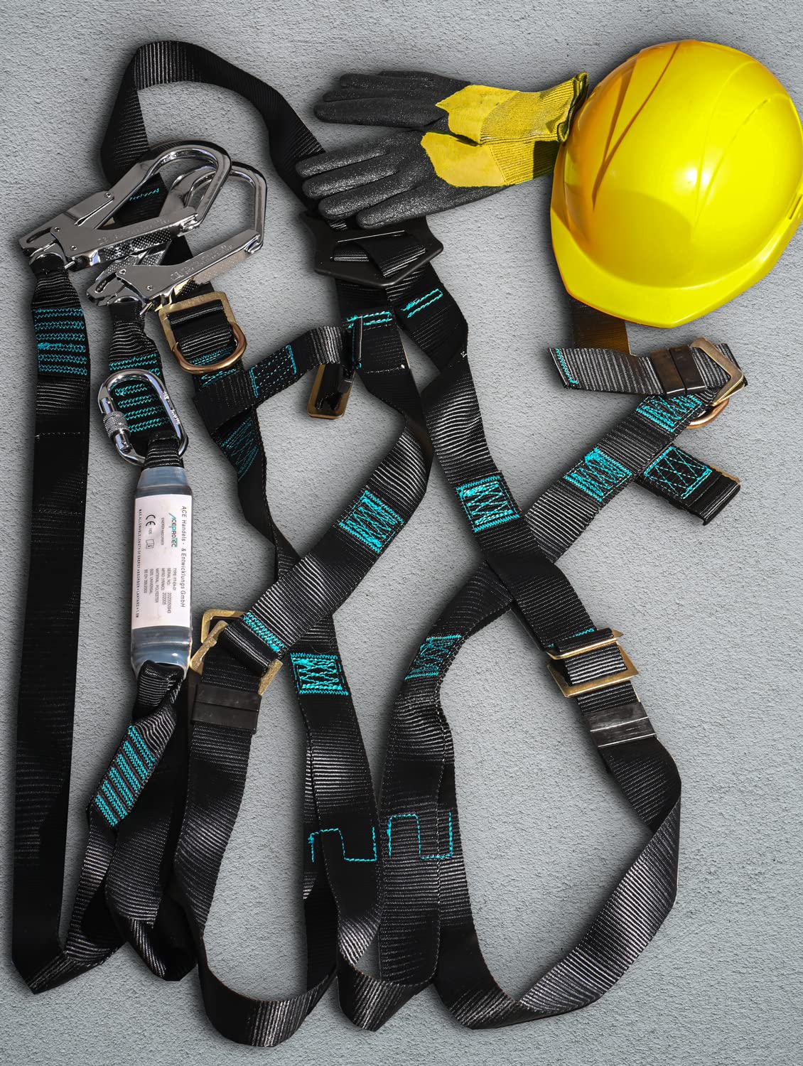 ACE Safety, set di protezione anti-caduta con imbracatura per tutto il corpo EN361, smorzatore con cordino a Y di 1,5 m EN354, EN8513, peso massimo autorizzato 100 kg, omologato CE