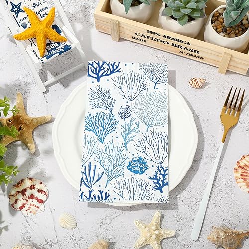 Miniatura 3 de JarThenaAMCS 100 servilletas de papel para invitados de arrecife de coral, color blanco y azul, 3 capas, servilletas desechables con temática de