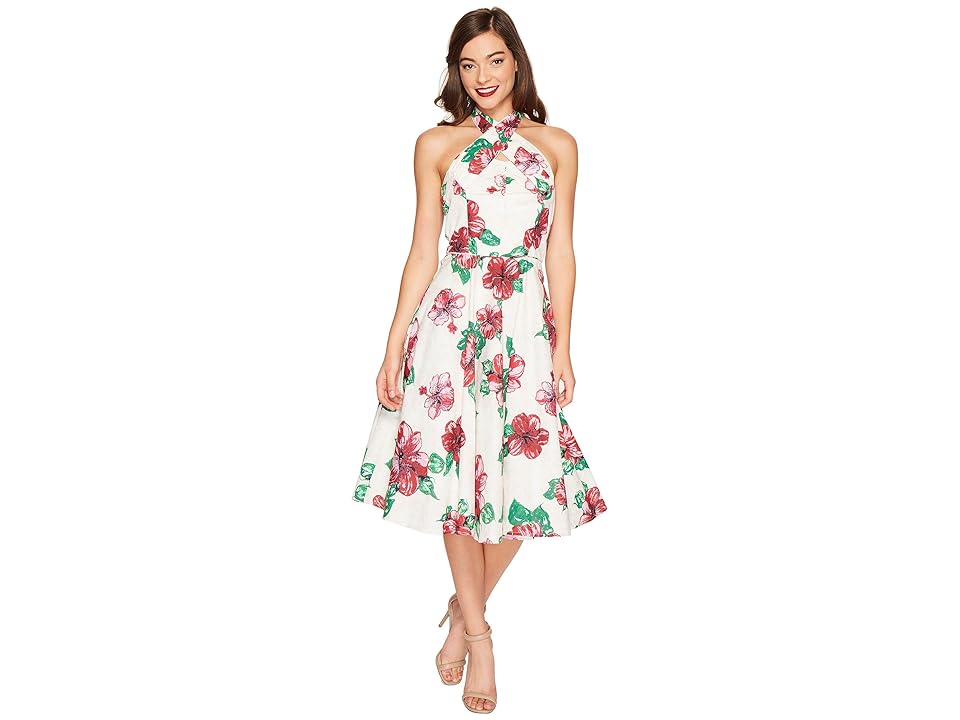 

Unique Vintage Halter Flora Swing Dress (Cream/Hibiscus) Women's Dress, Multi